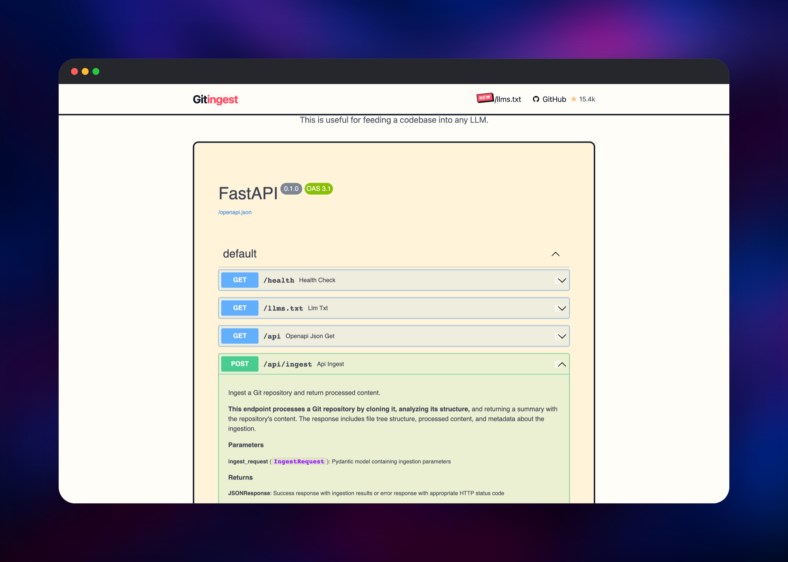 Gitingest Swagger UI showing the ingest API endpoint