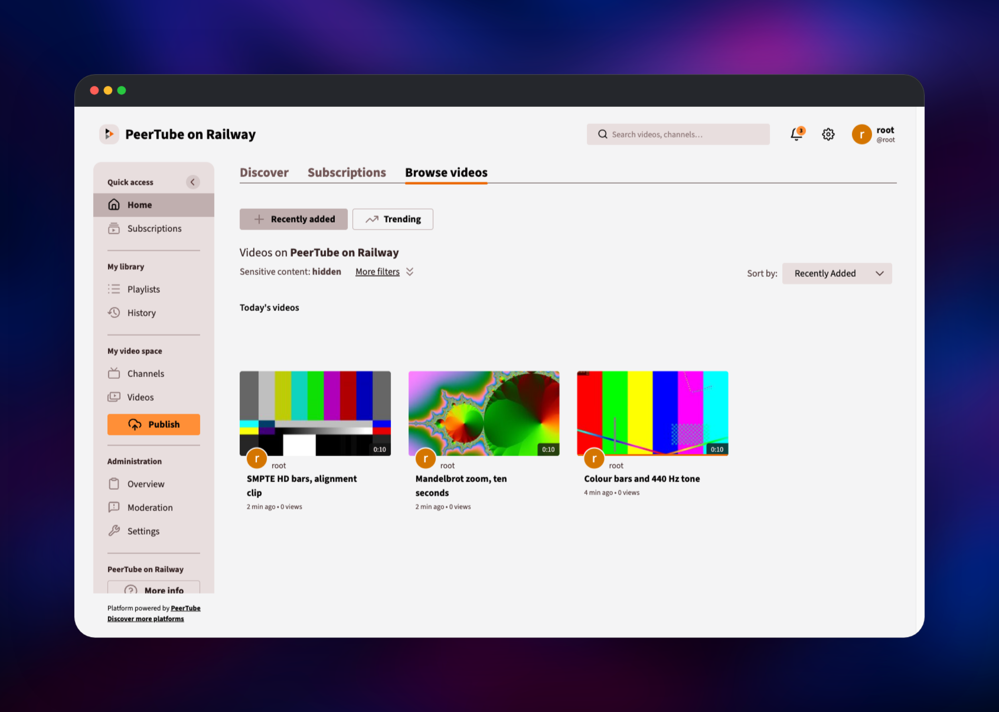 PeerTube home page listing three published videos with thumbnails
