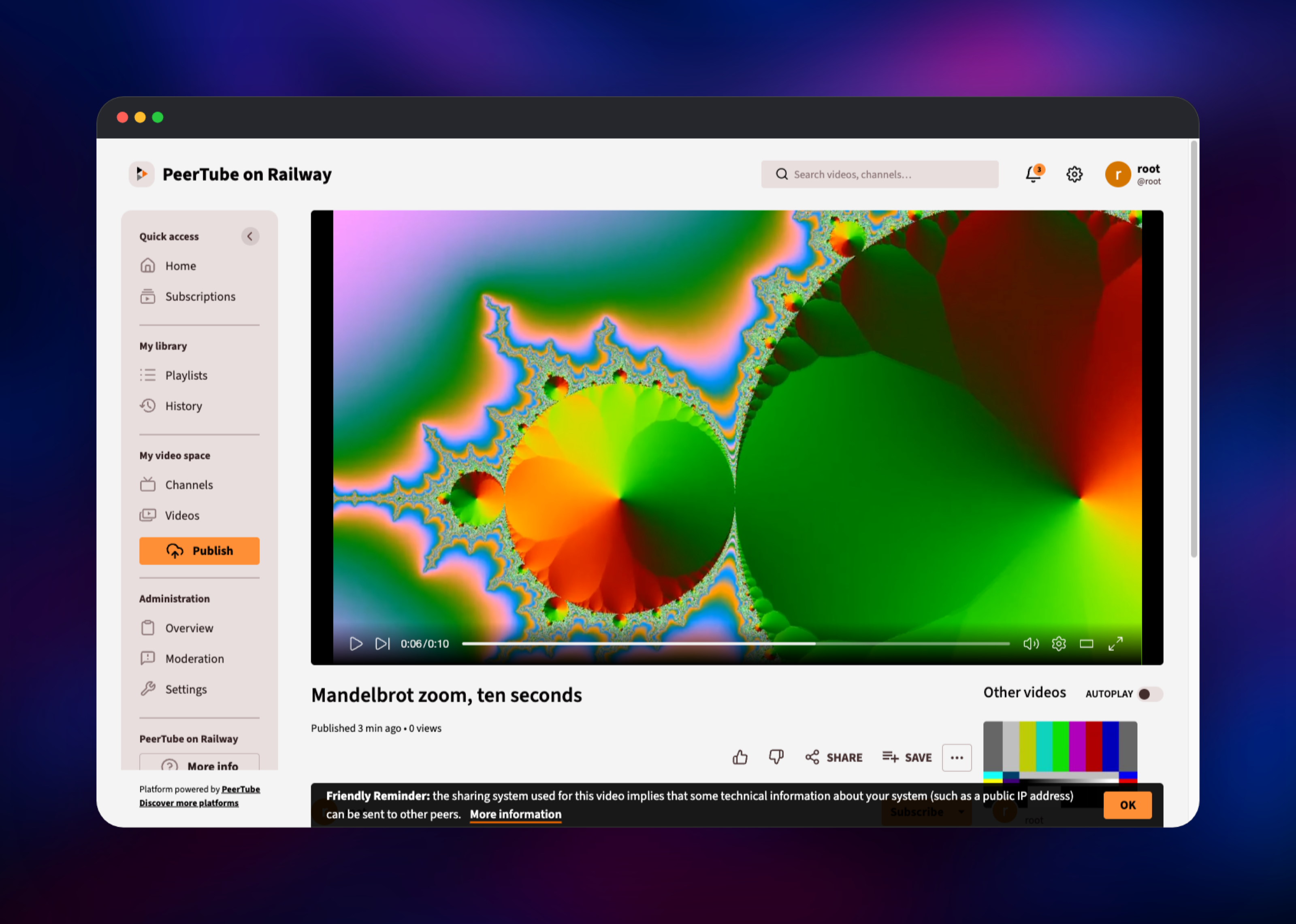 Mandelbrot clip playing in the PeerTube player at 720p