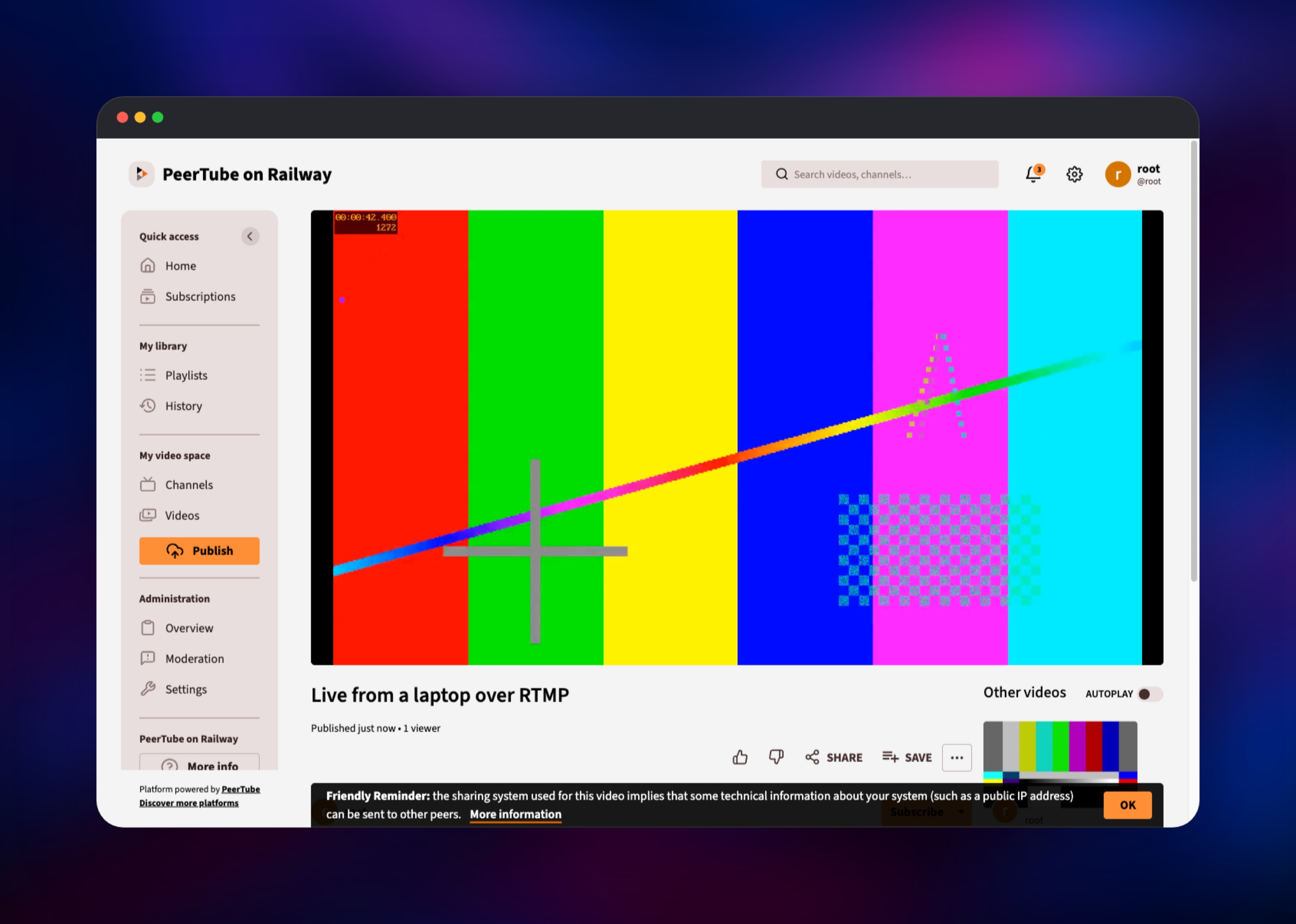 Live RTMP broadcast playing with one viewer watching