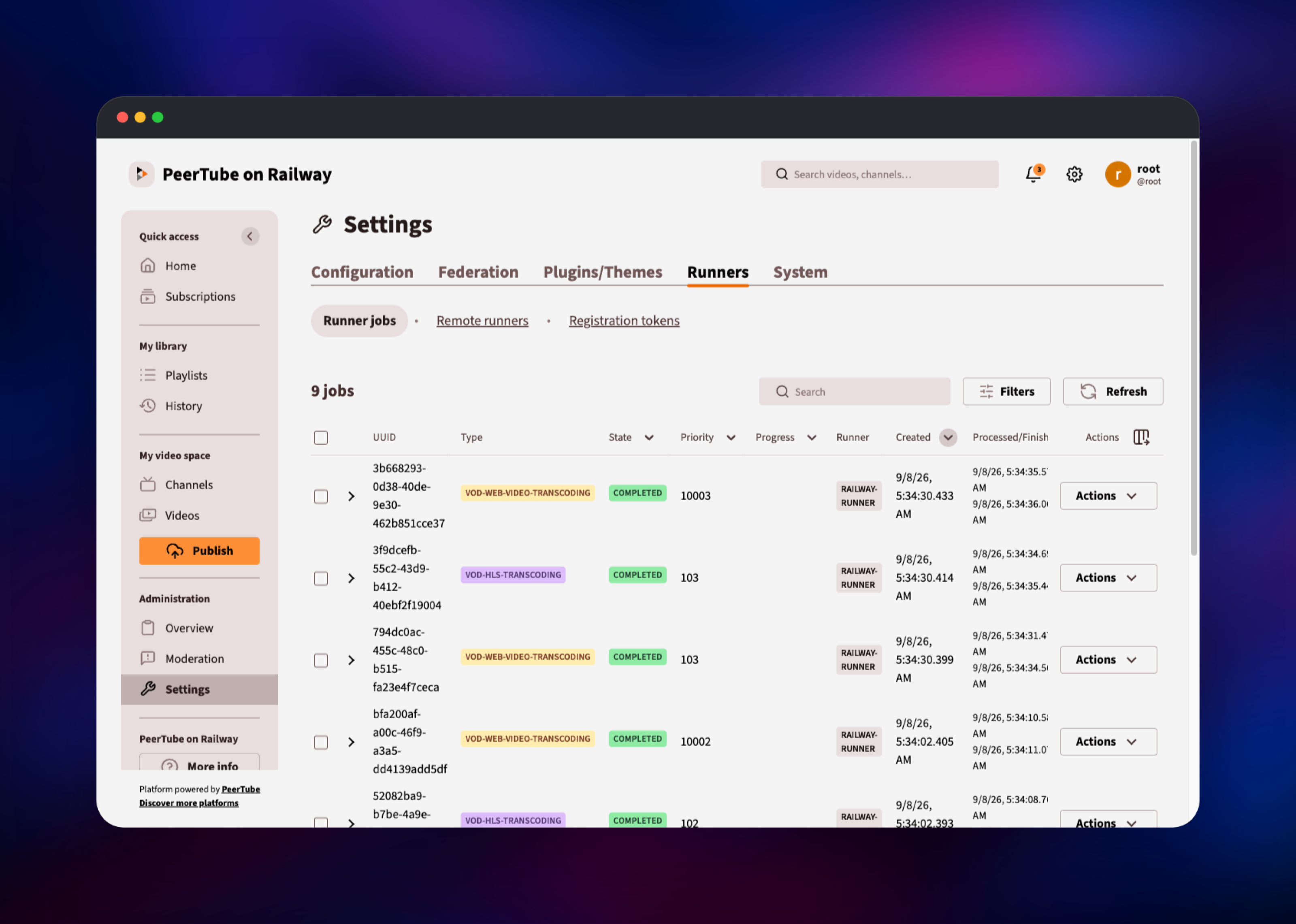 Remote runner jobs table showing completed HLS transcoding
