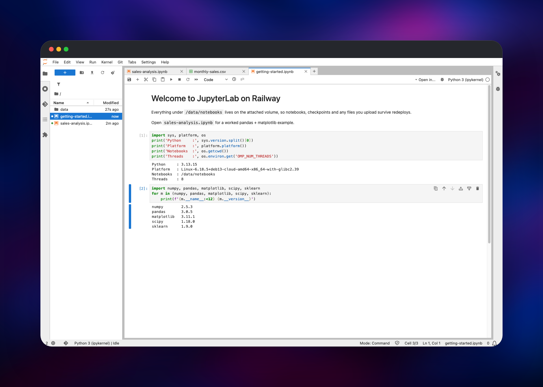Notebook printing the Python version and installed scientific packages