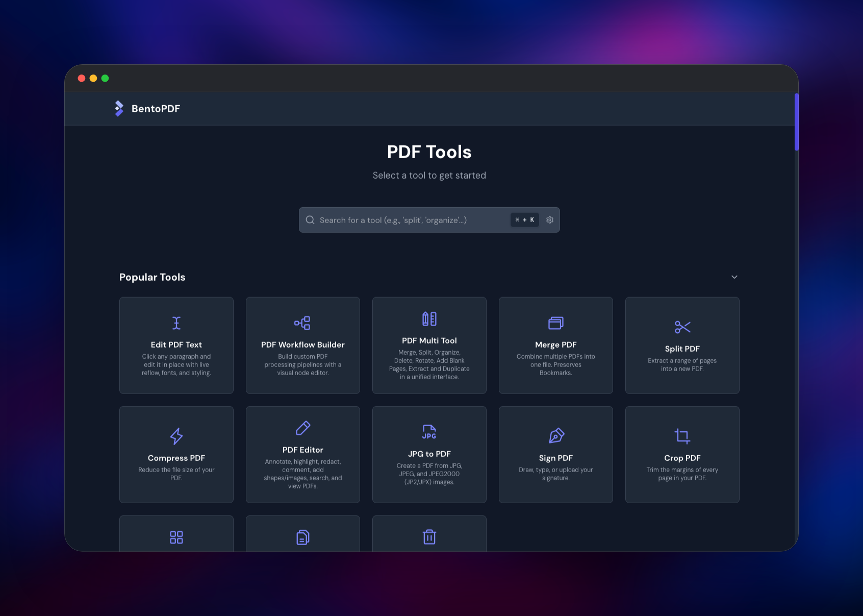 BentoPDF catalog of popular PDF tools with search