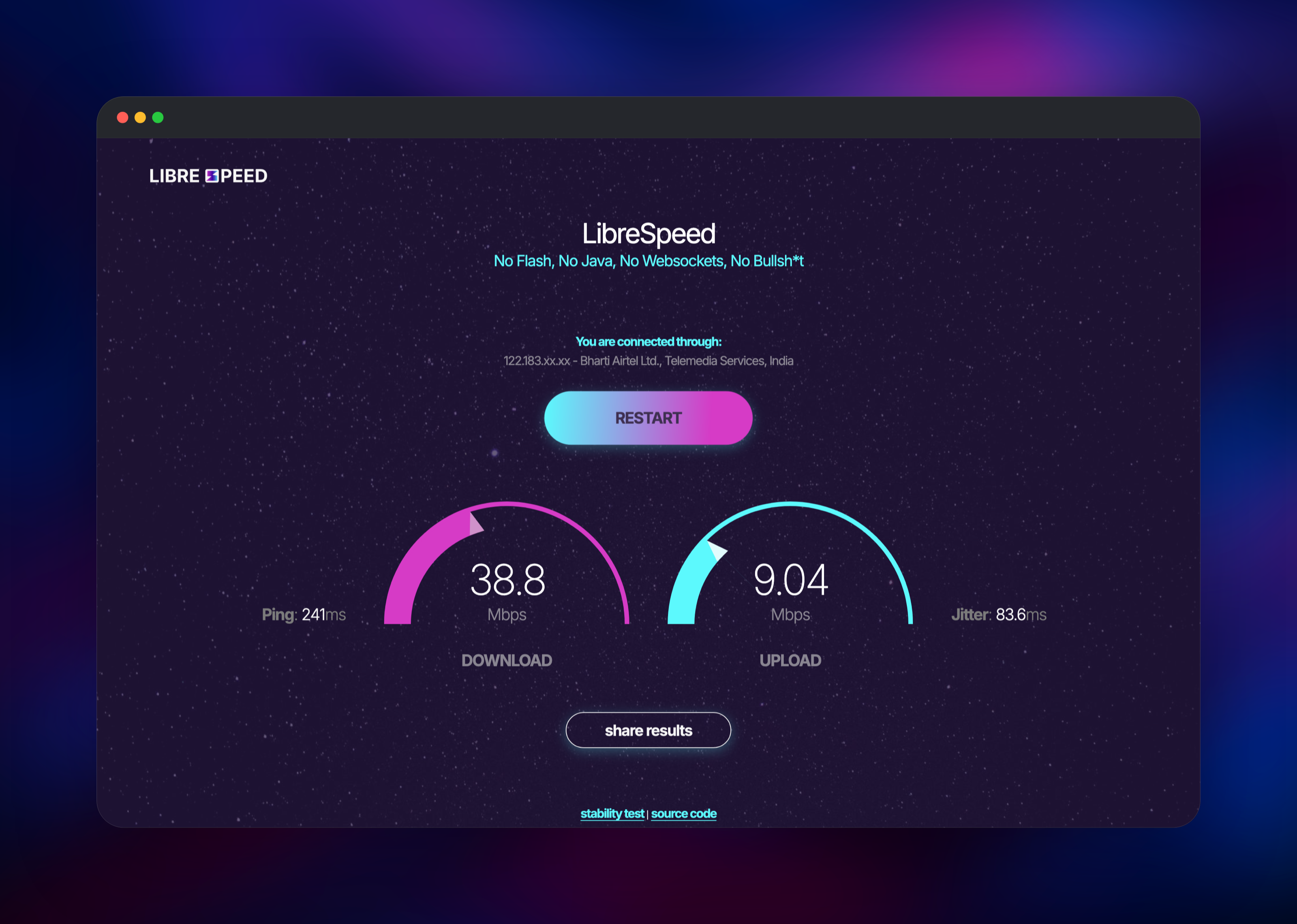 LibreSpeed showing download, upload, ping and jitter gauges