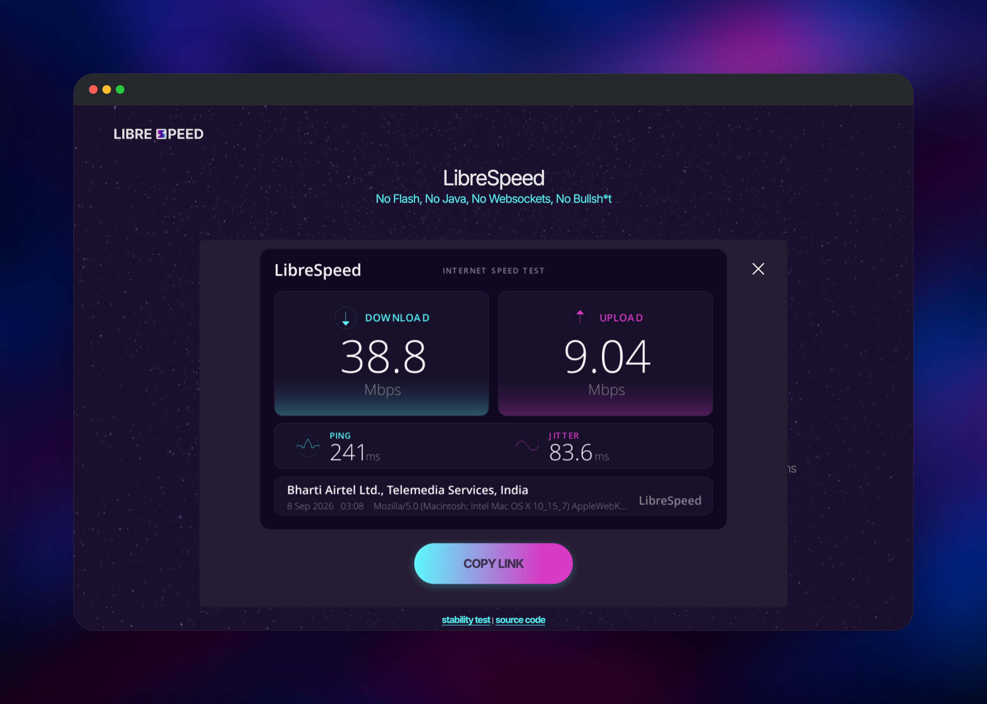 Shareable LibreSpeed result card with ISP and timestamp