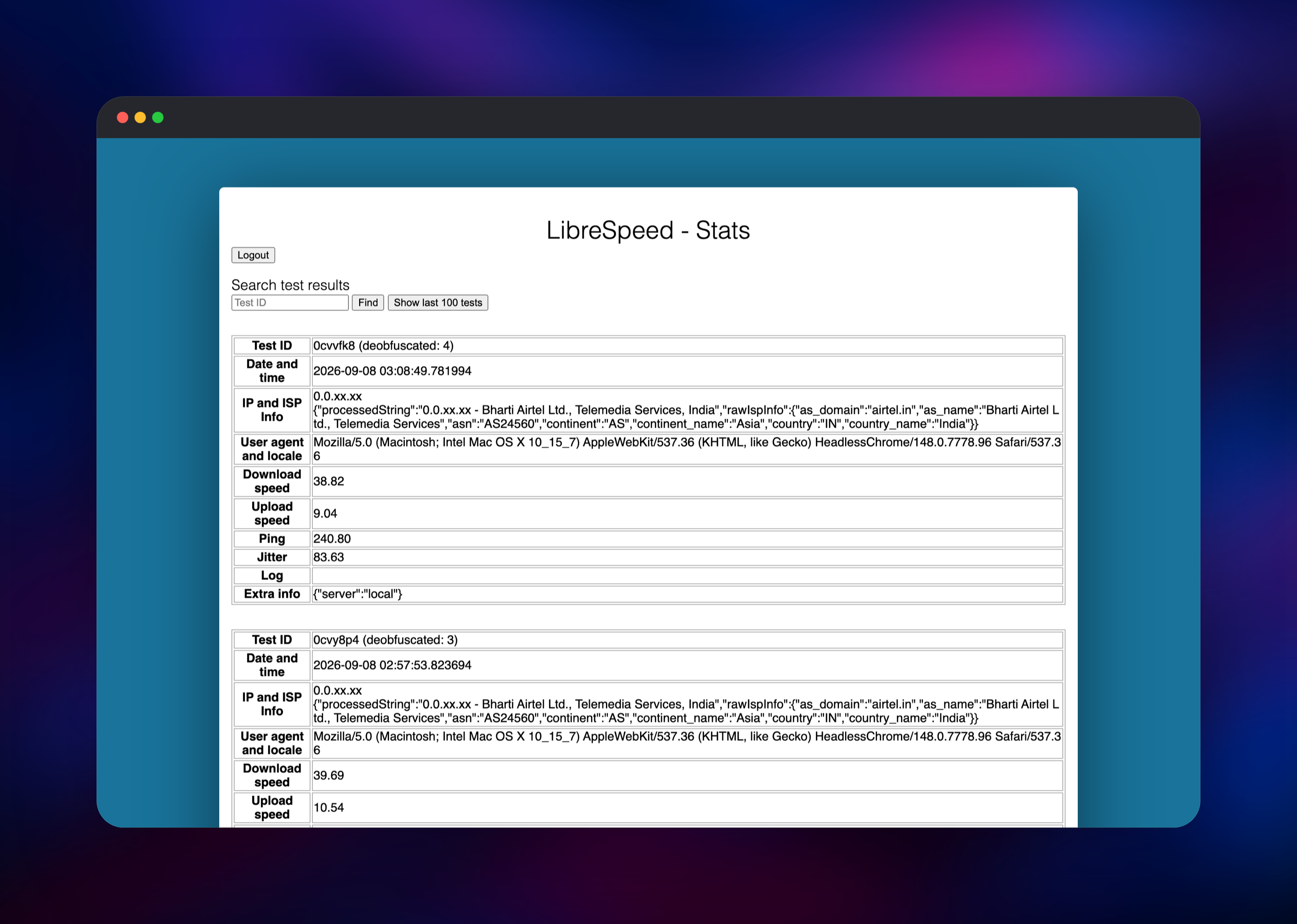 LibreSpeed stats page listing stored speed test results