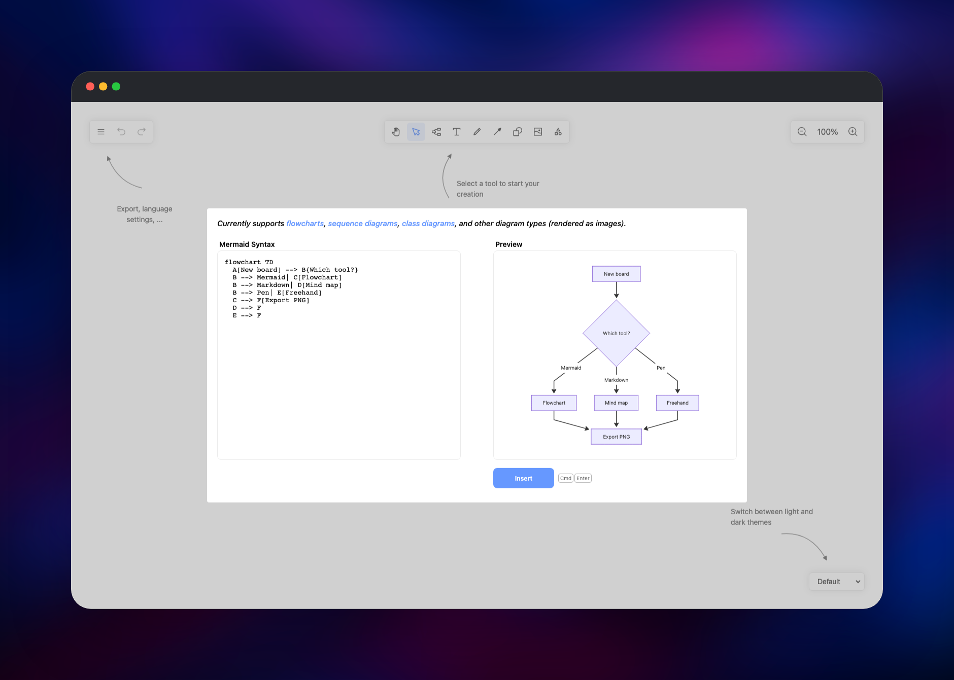Mermaid syntax rendering to a live flowchart preview in Drawnix
