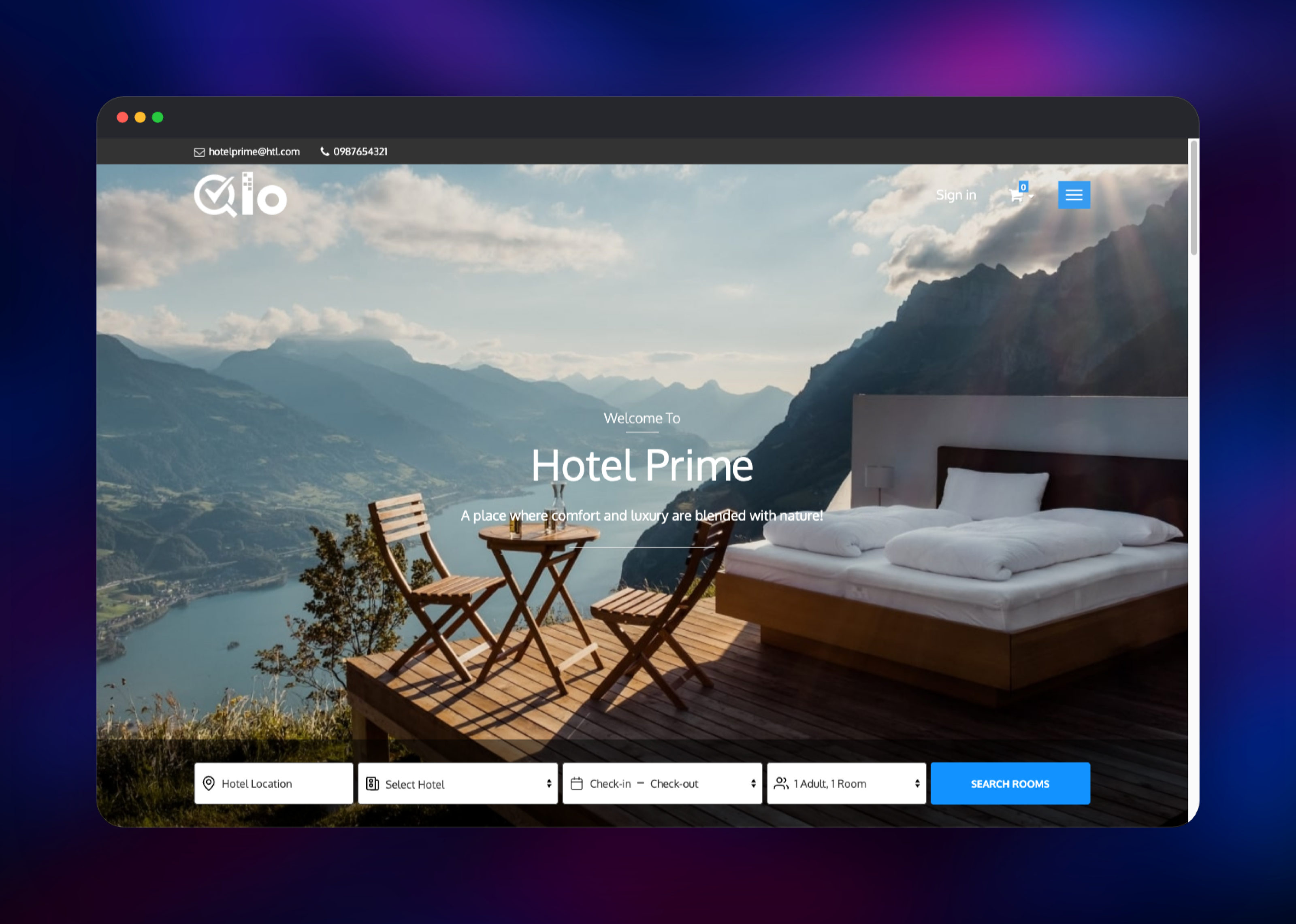 QloApps hotel homepage with its room availability search bar