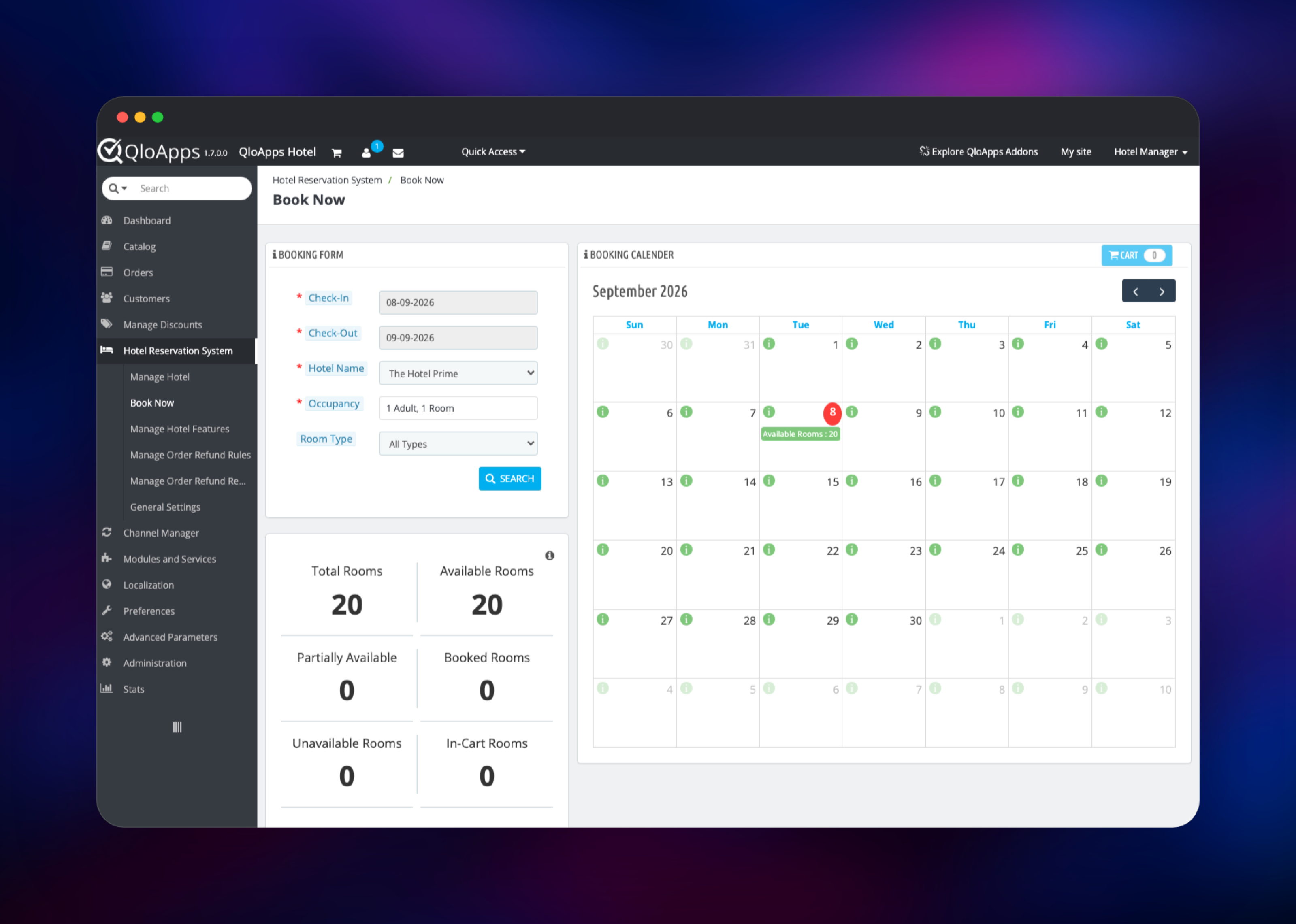 Back office booking calendar with room availability by date