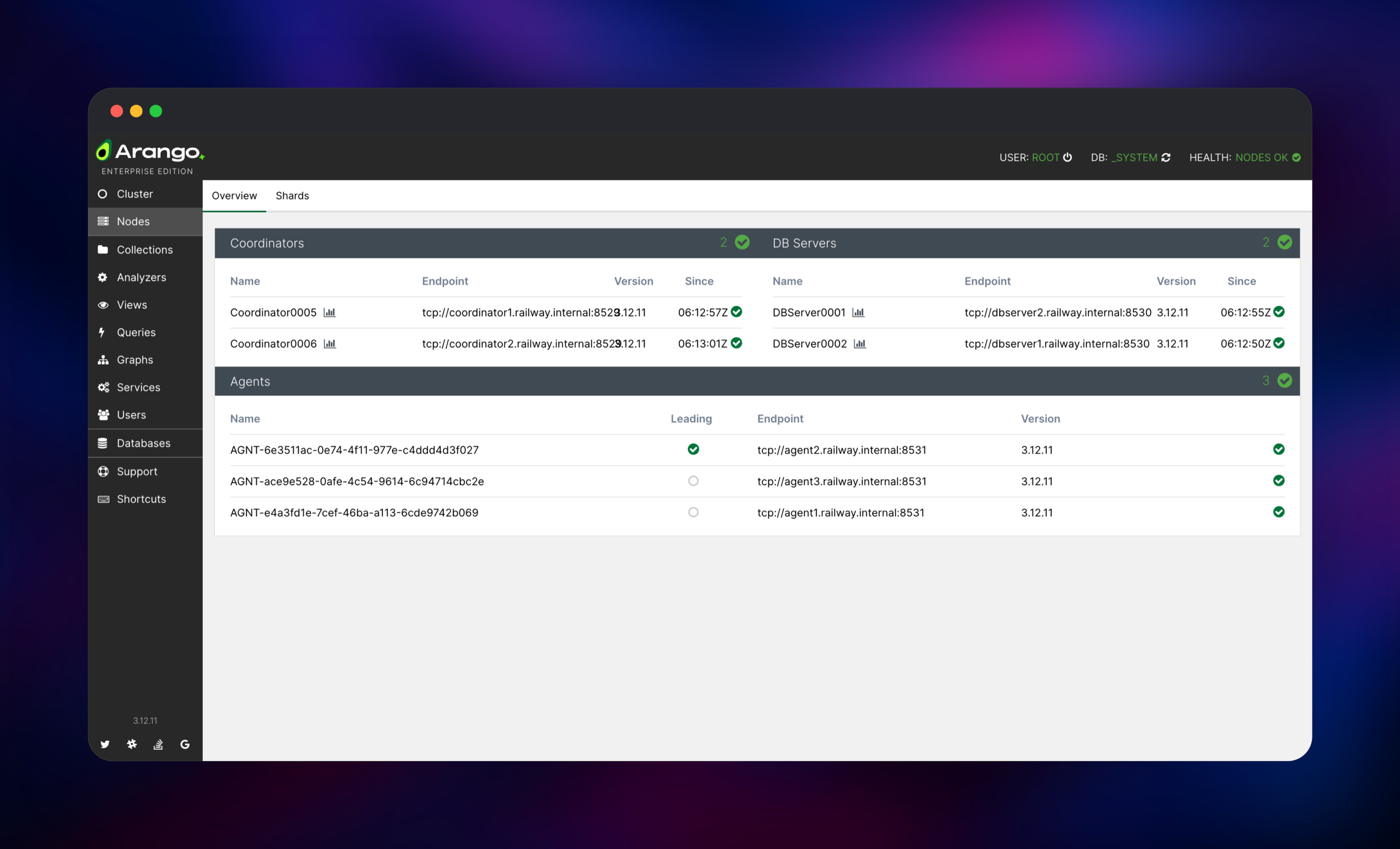 ArangoDB Nodes view listing two Coordinators, two DB-Servers and three Agents