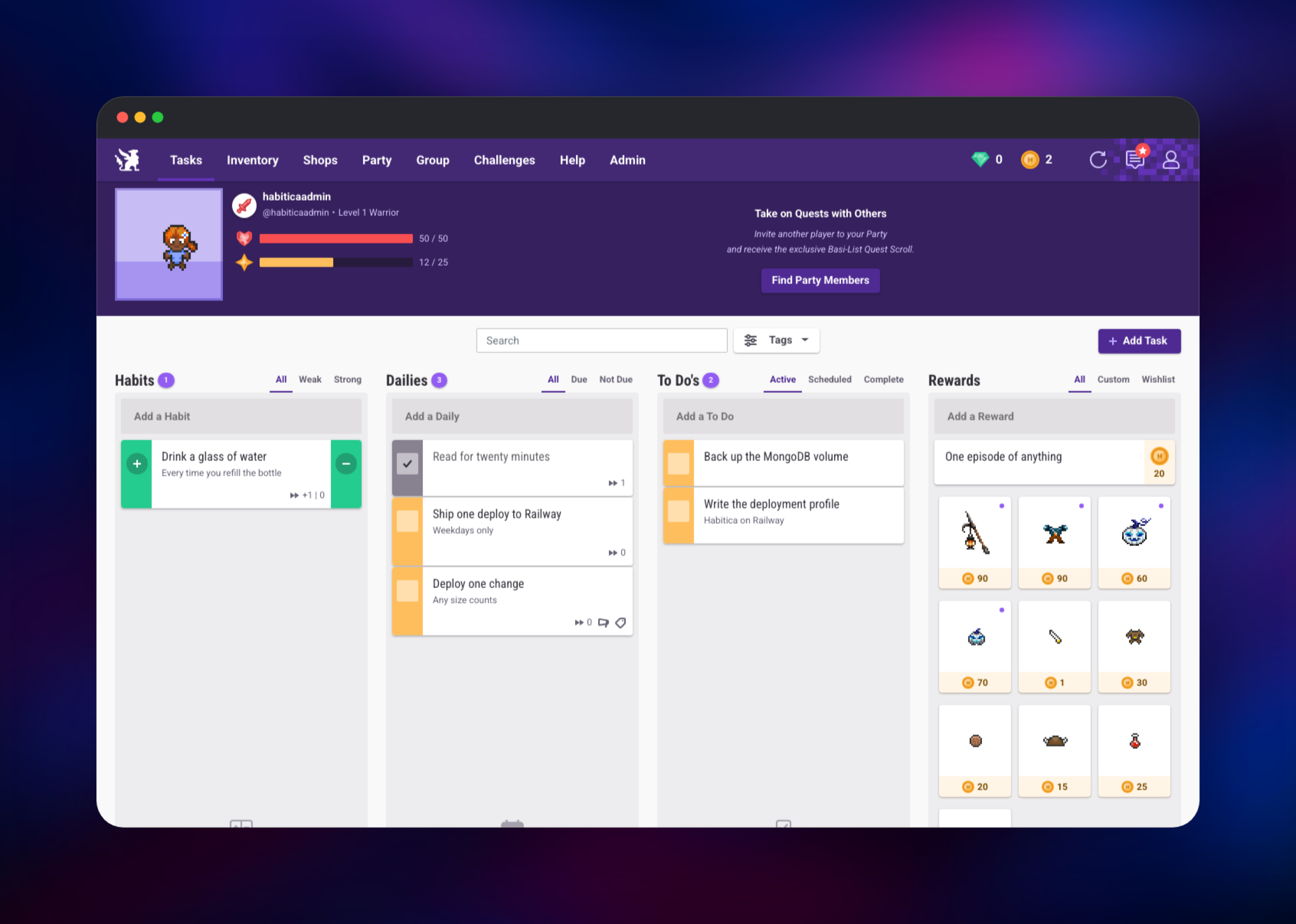 Habitica task board with habits, dailies and to-dos in play