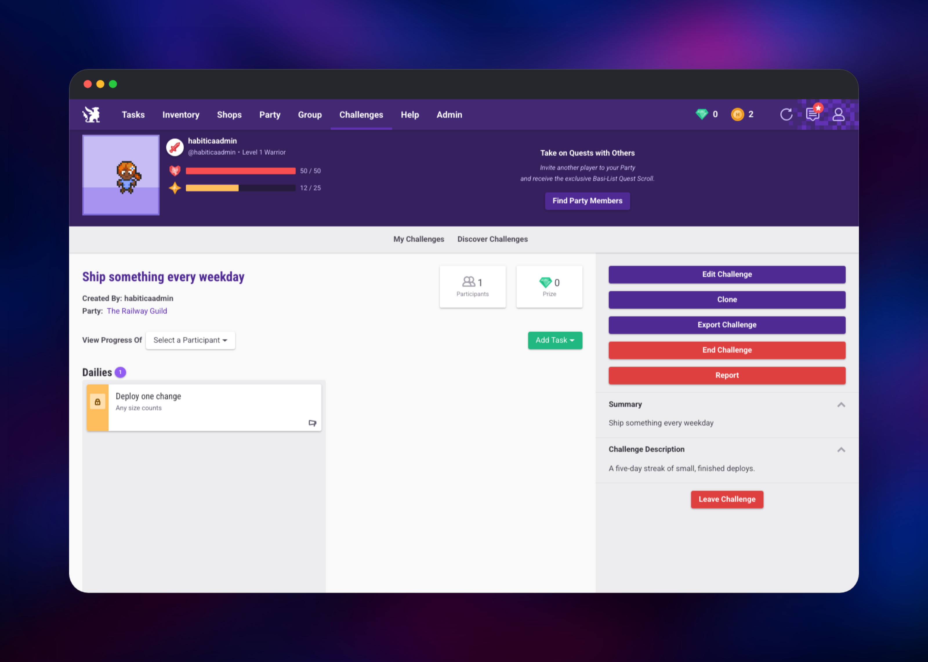 Habitica challenge page showing its party and shared daily