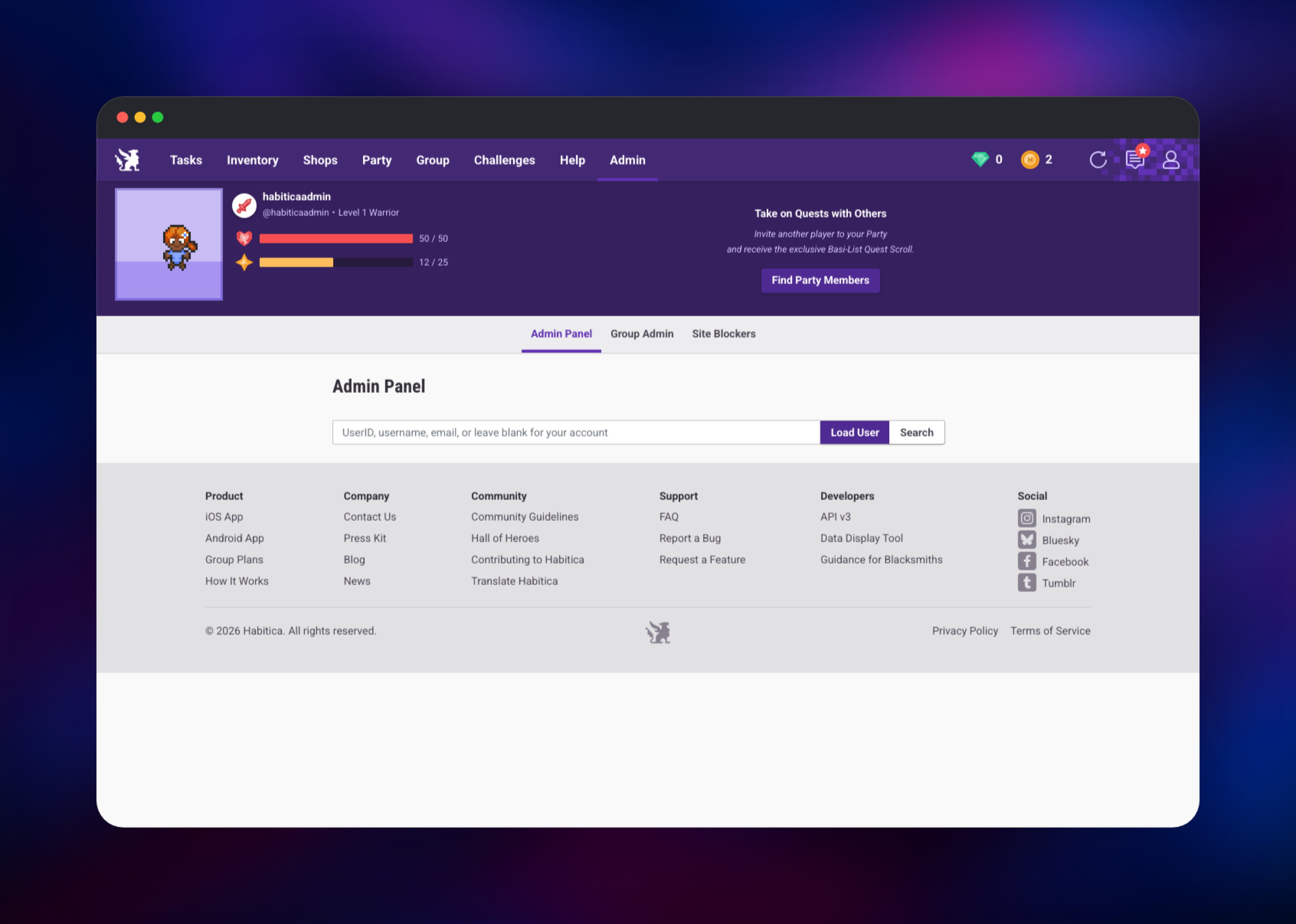 Habitica admin panel user lookup on a self-hosted instance