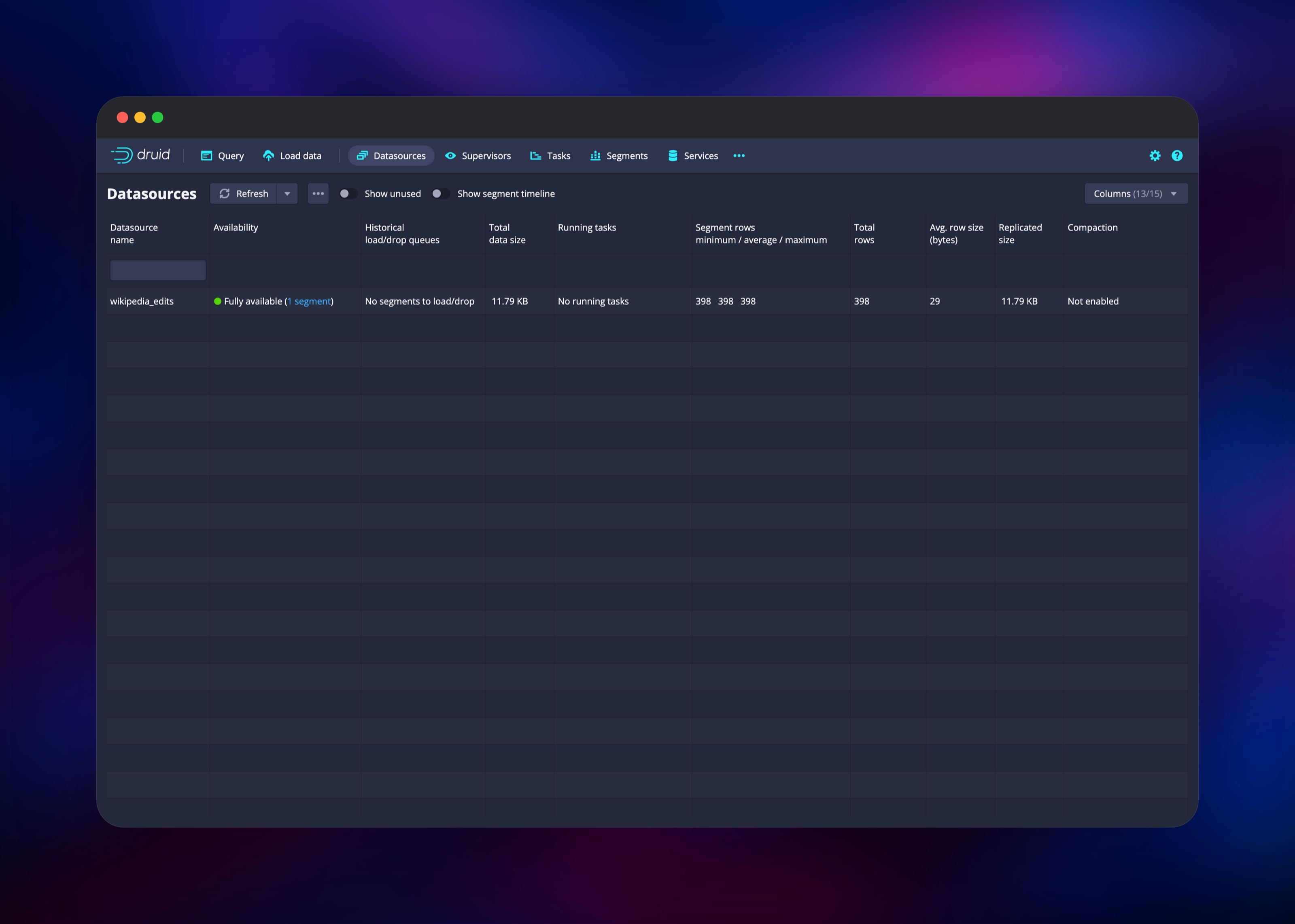 Druid datasource fully available with one segment and 398 rows