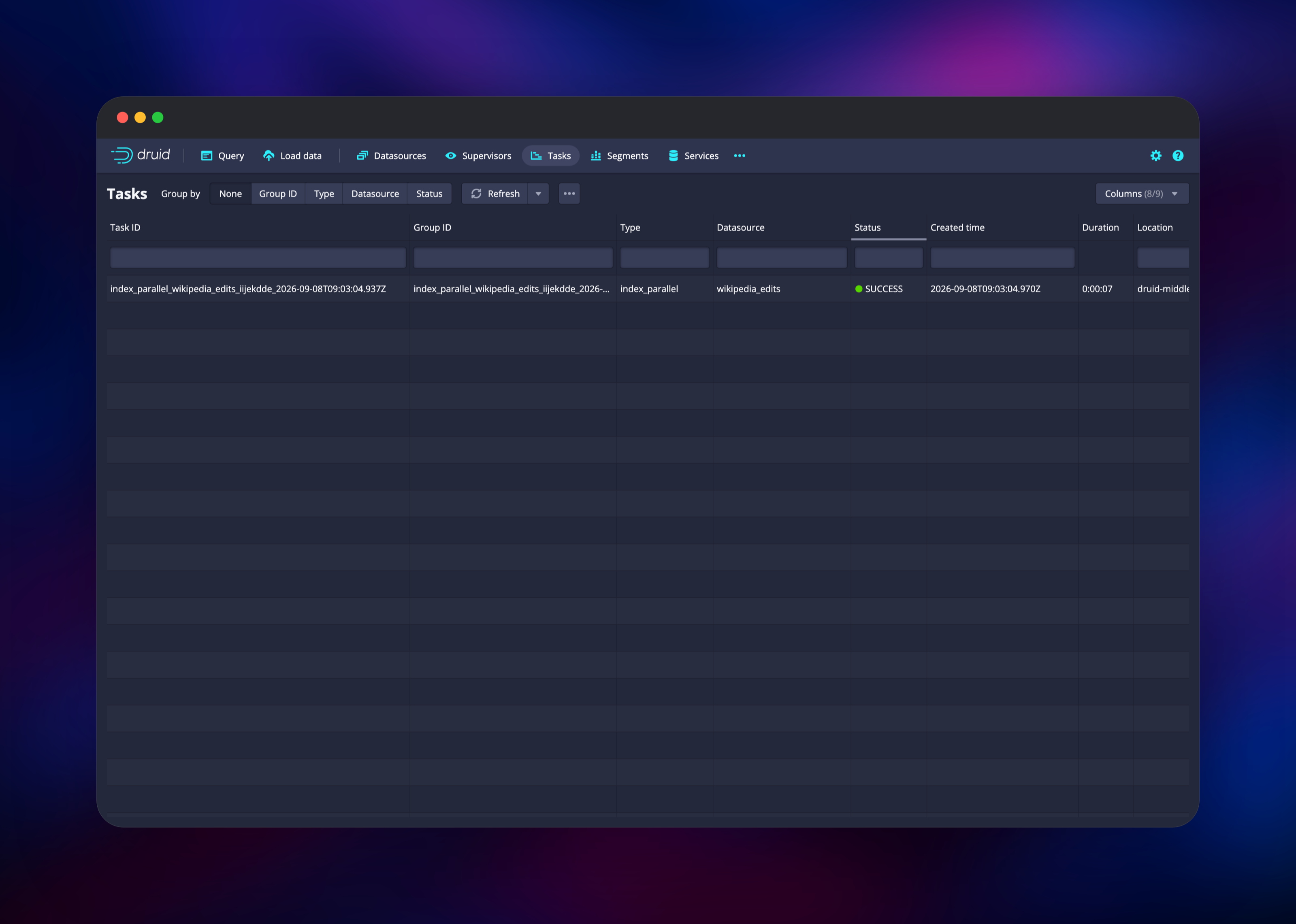 A successful Druid batch indexing task run on the middlemanager