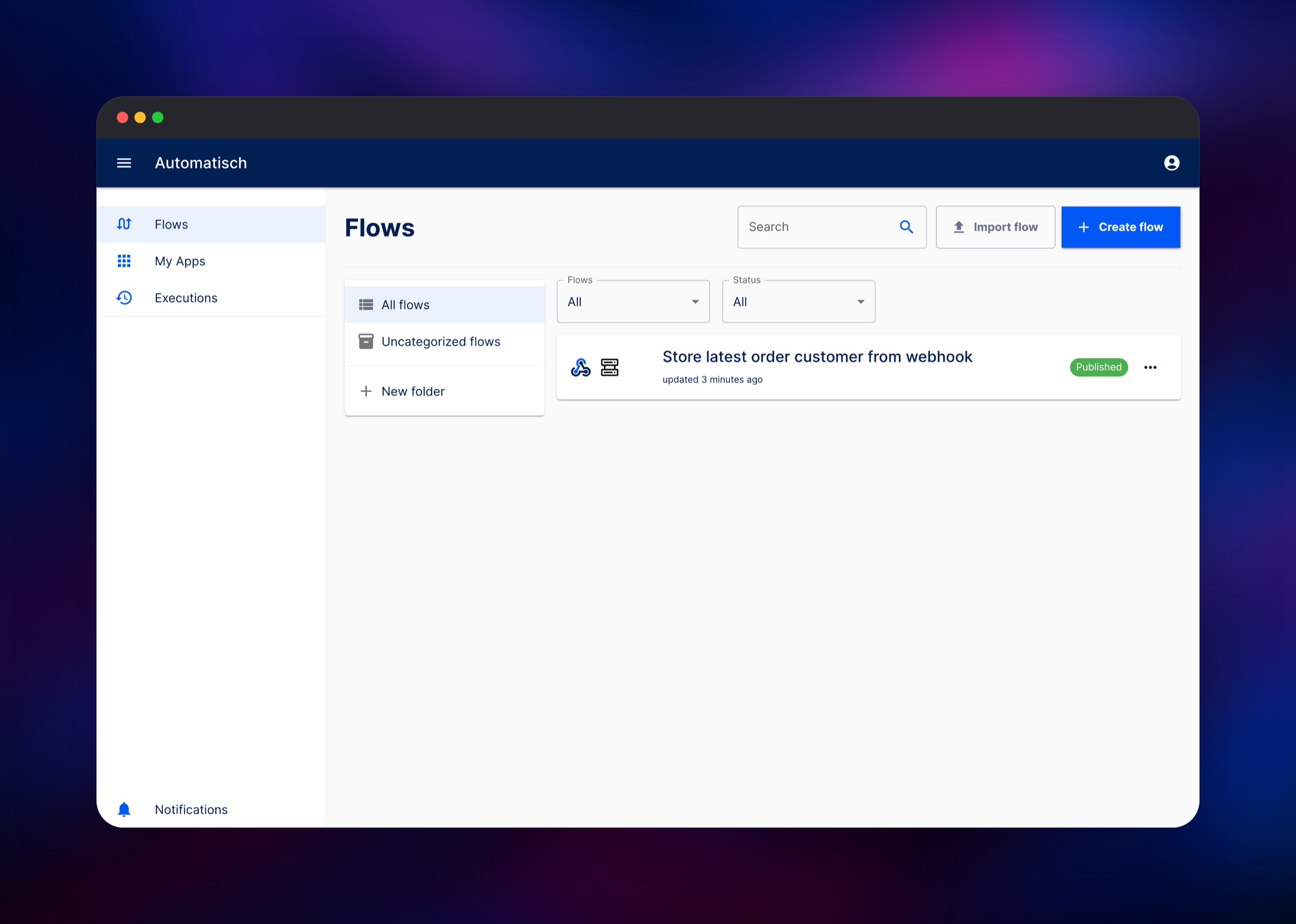 Automatisch flow list showing a published webhook automation