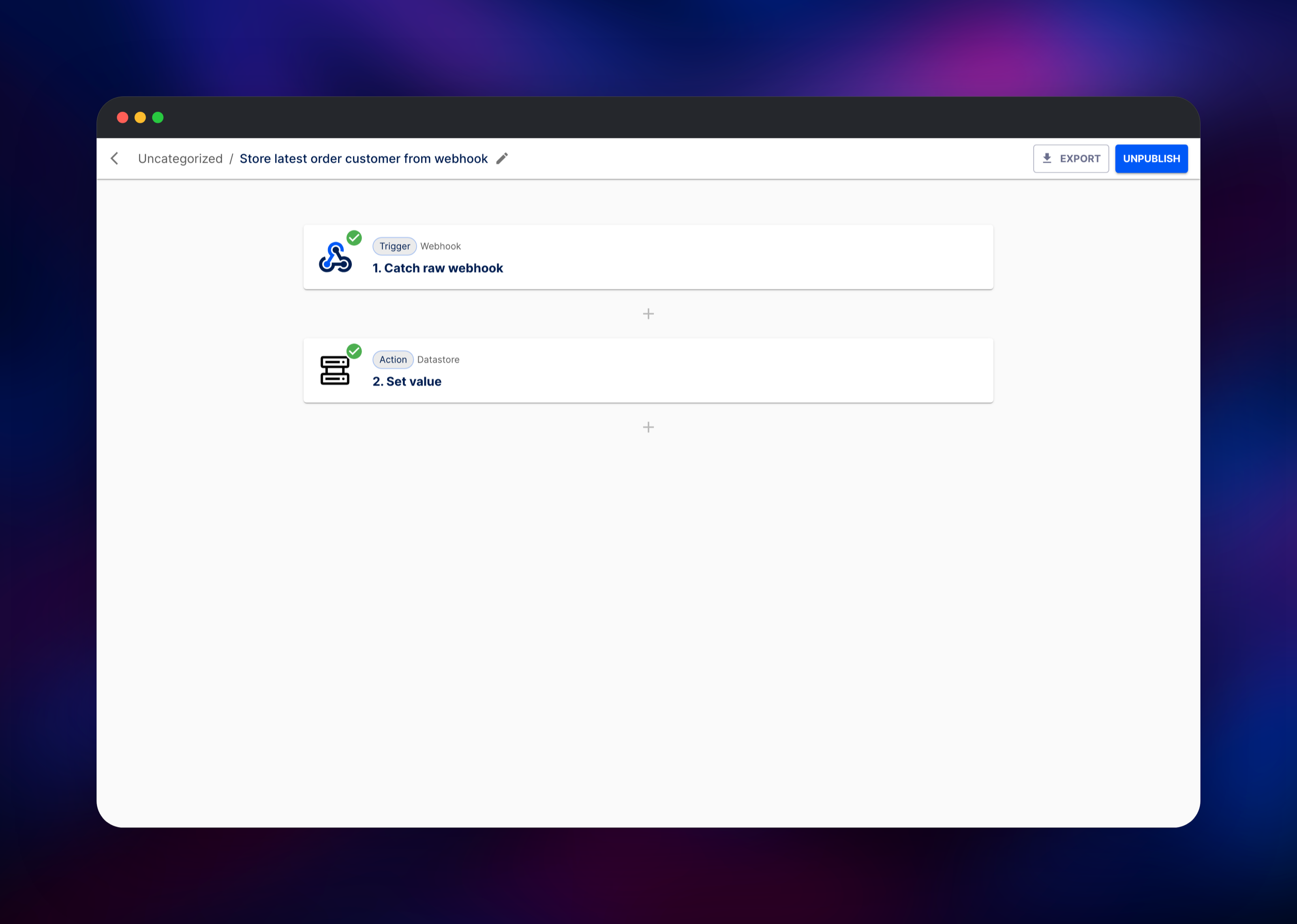 Flow editor with a webhook trigger and a datastore action