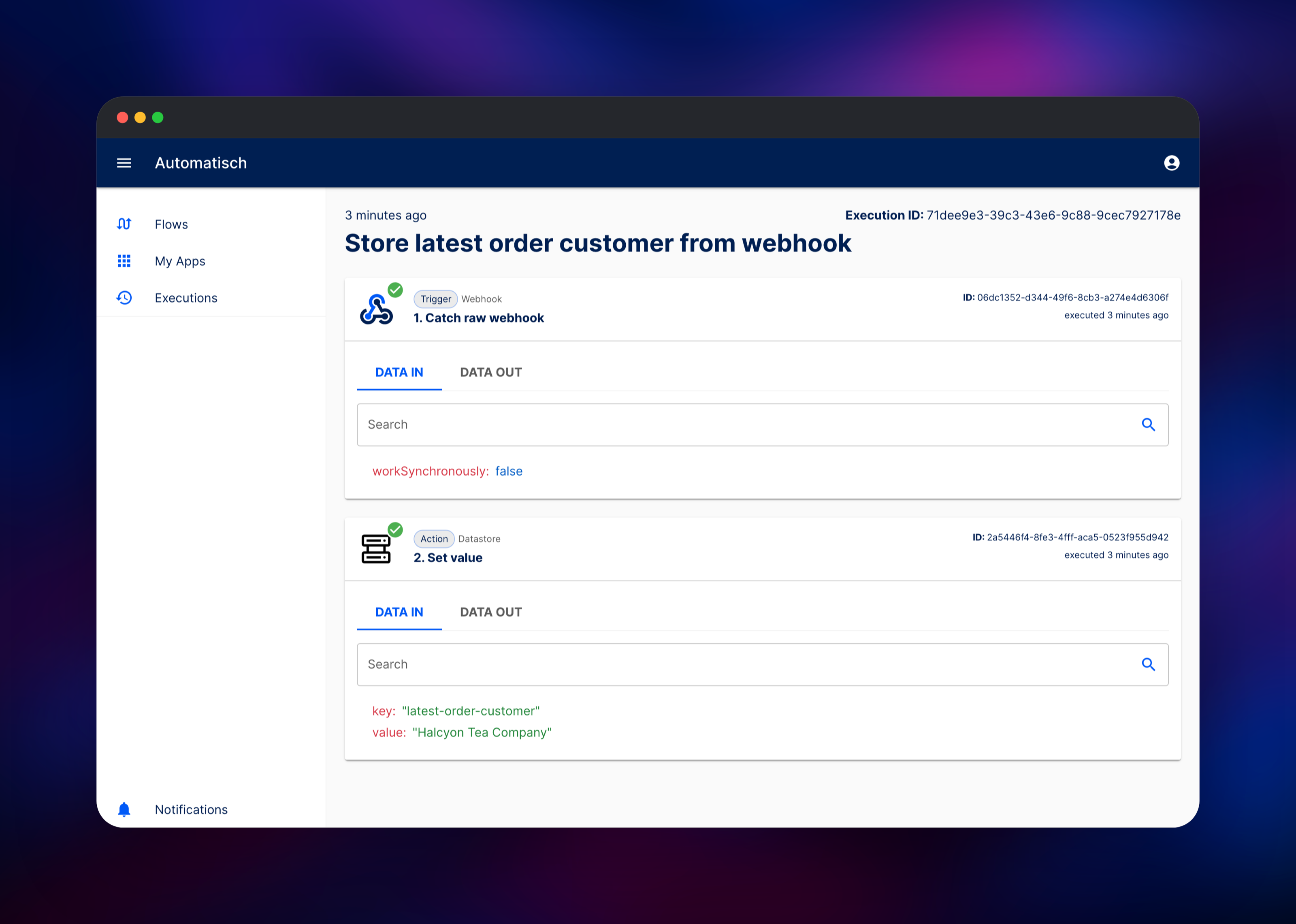 Execution detail showing the order payload stored in the datastore