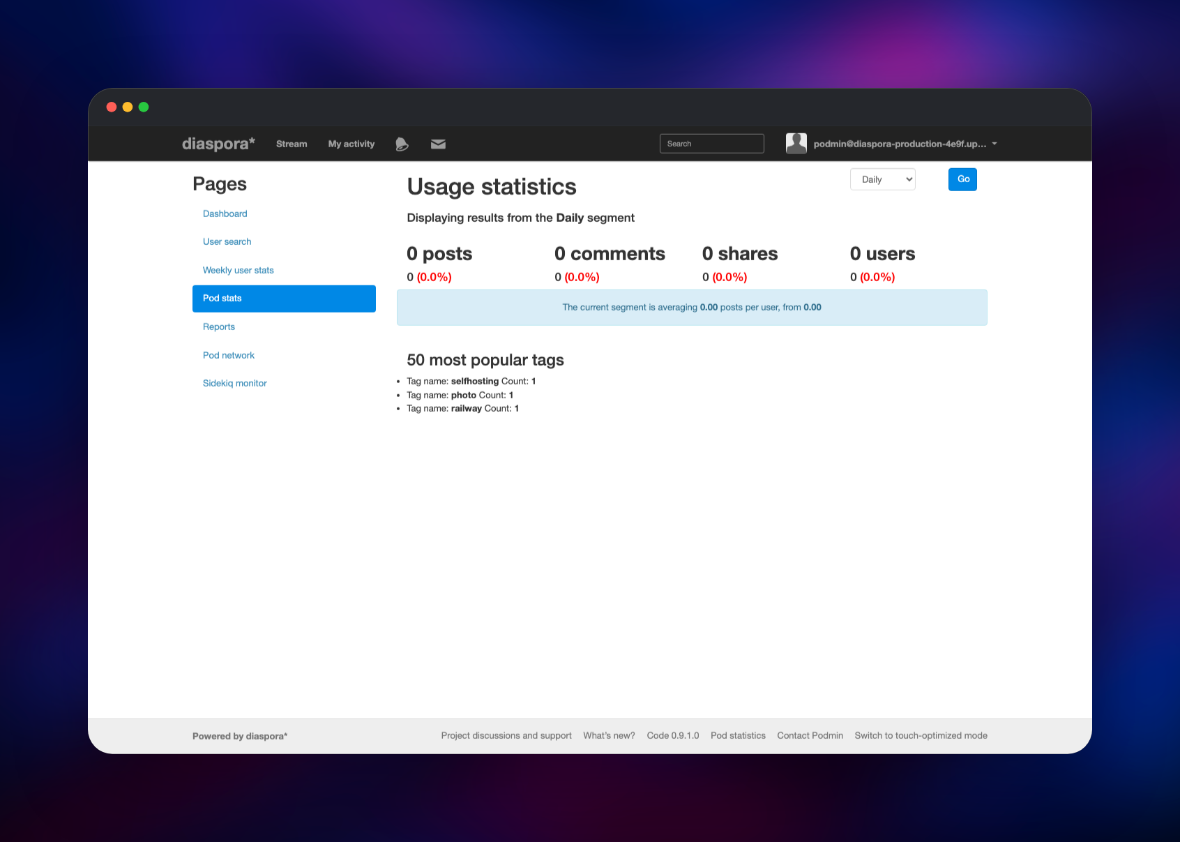 The diaspora* admin usage statistics page listing popular tags