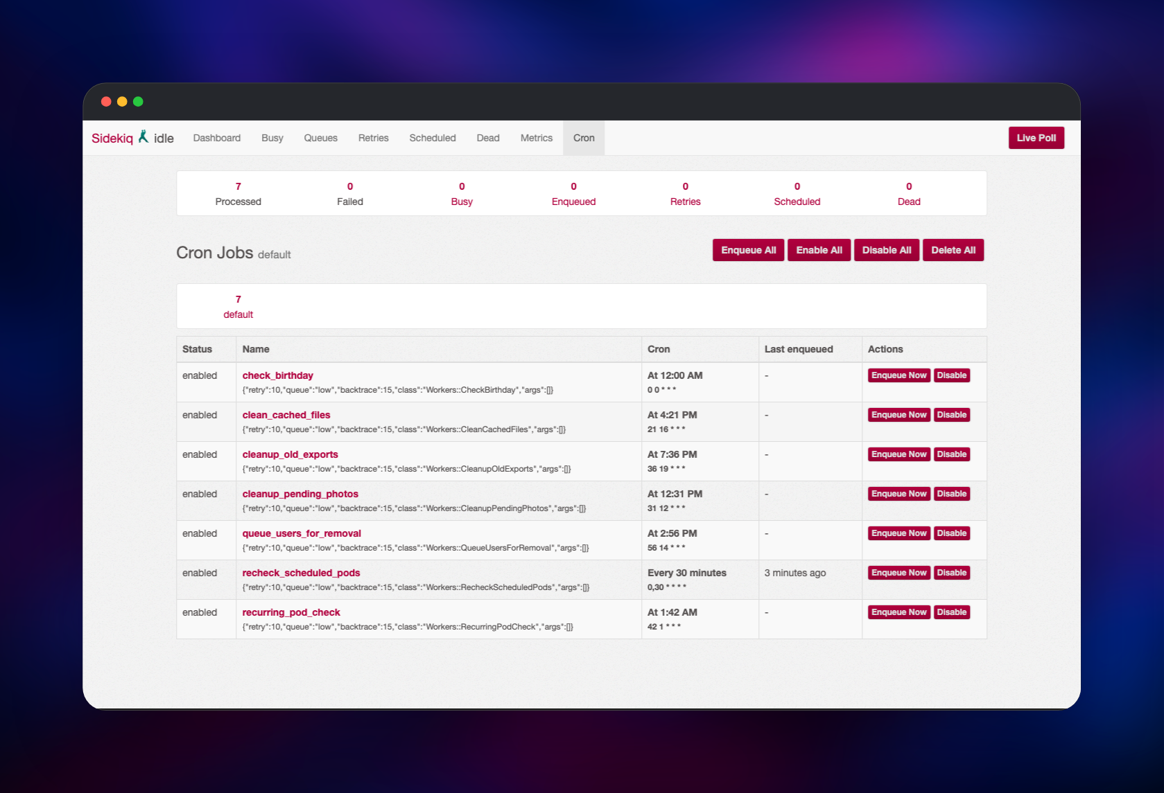 Sidekiq's cron tab listing diaspora*'s seven recurring jobs
