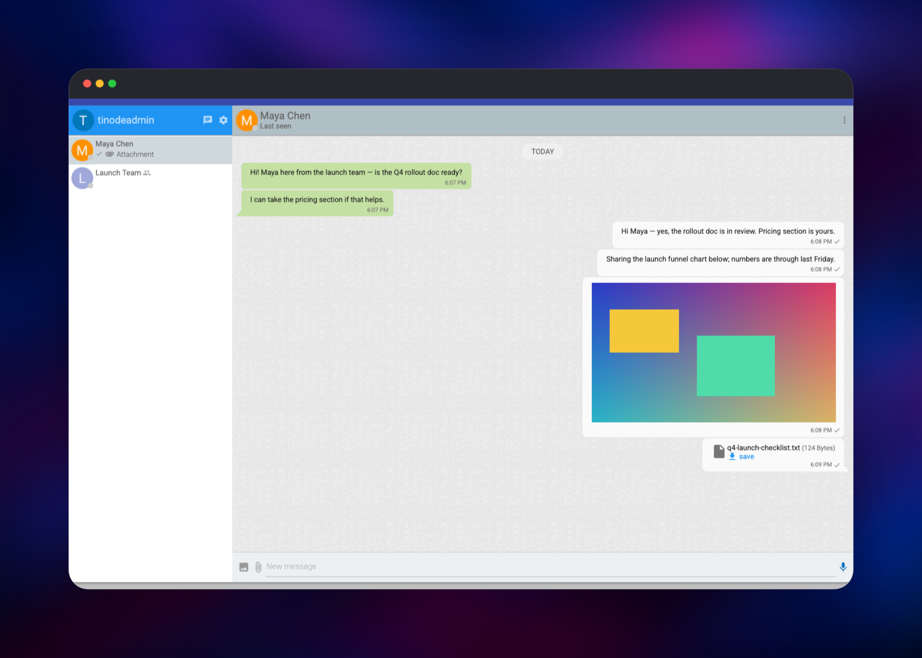 Tinode direct message thread with an image and a file attachment