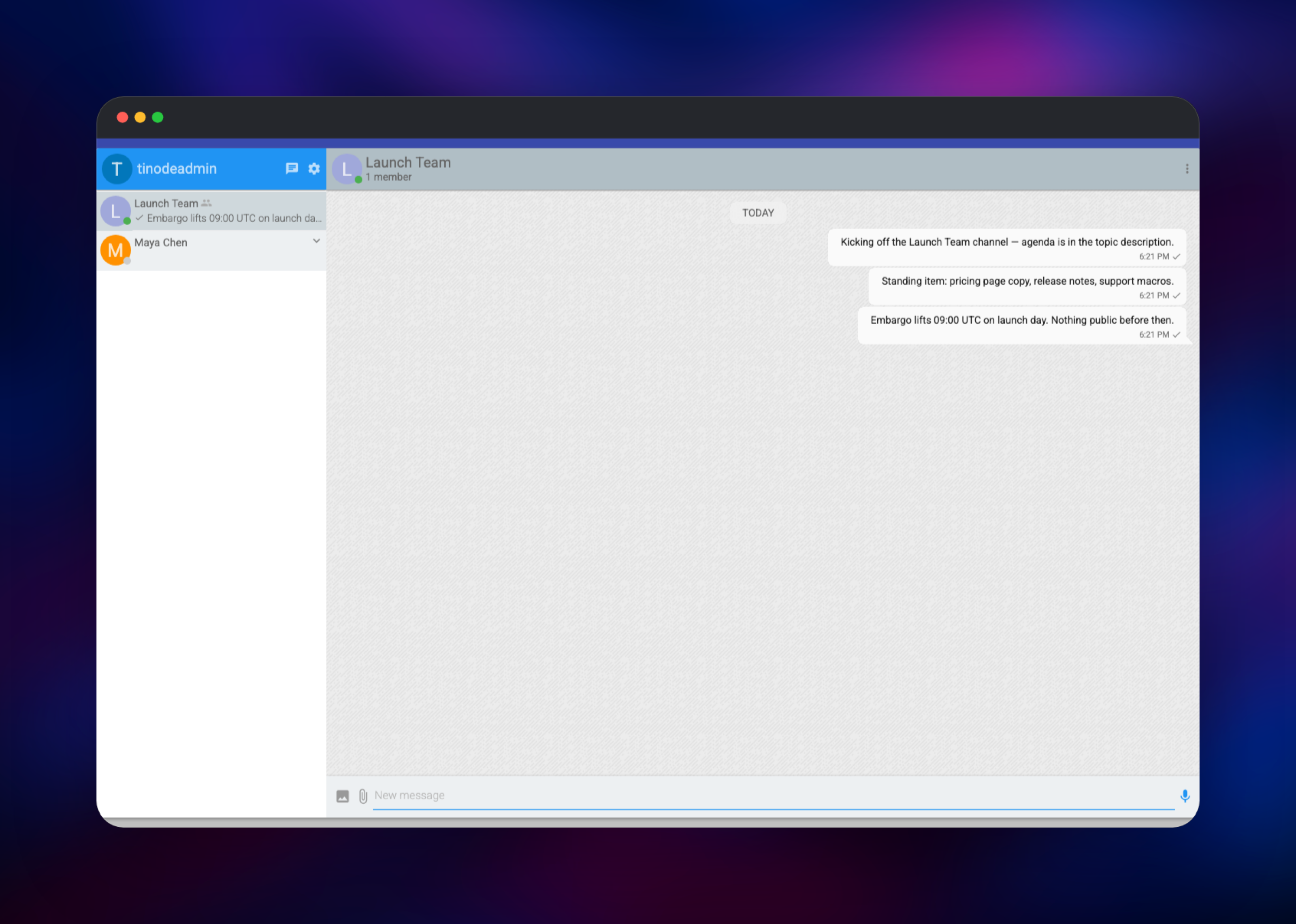 Tinode group topic carrying the launch team's posted messages