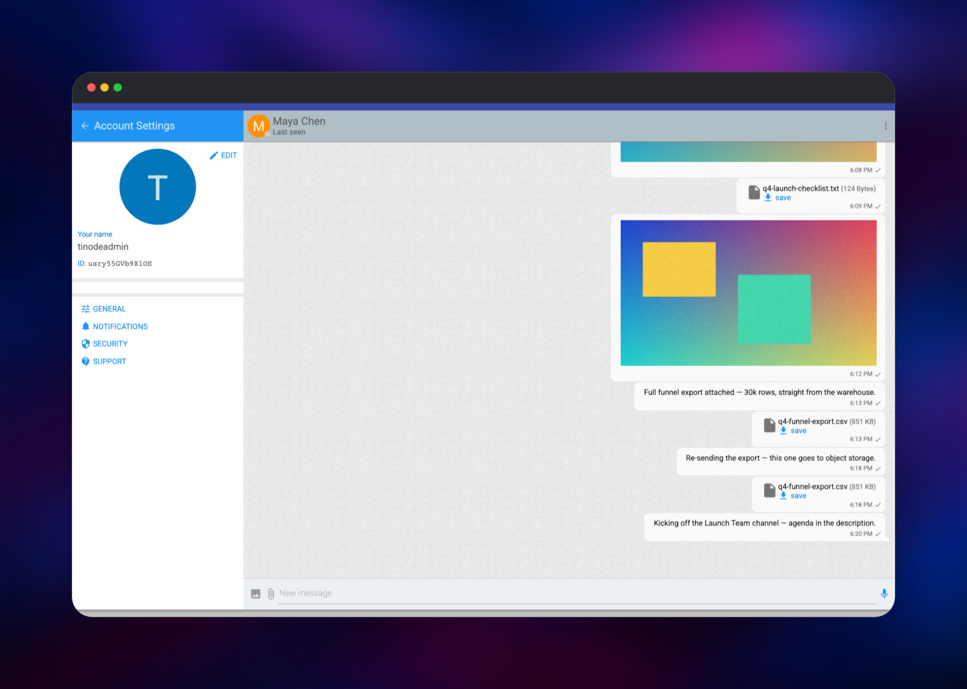 Tinode account settings panel showing profile and security sections