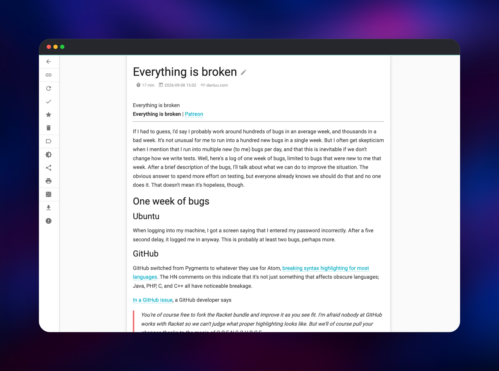 Saved blog post open in wallabag's distraction-free reading view