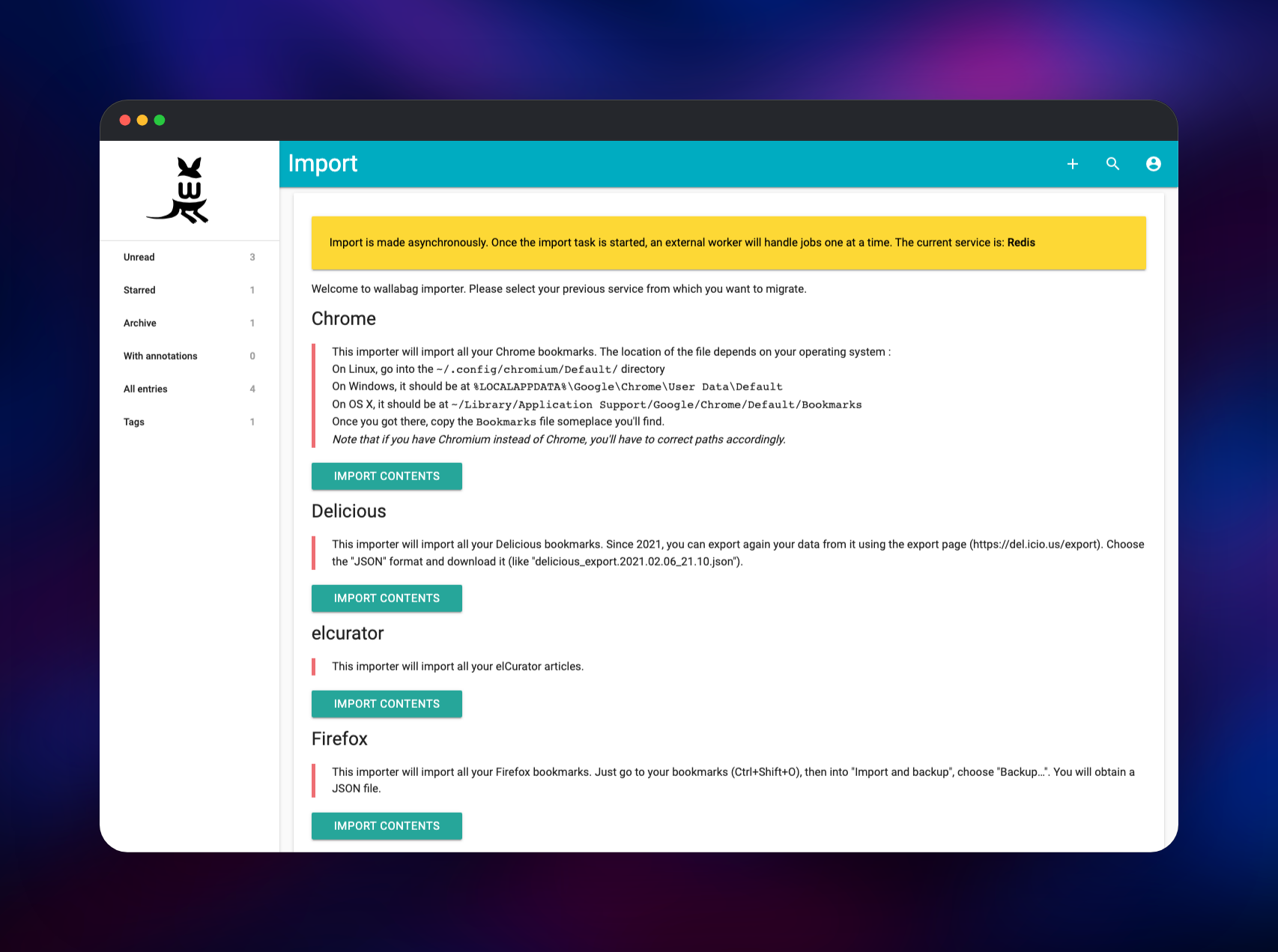 Wallabag import page reporting Redis as its asynchronous worker