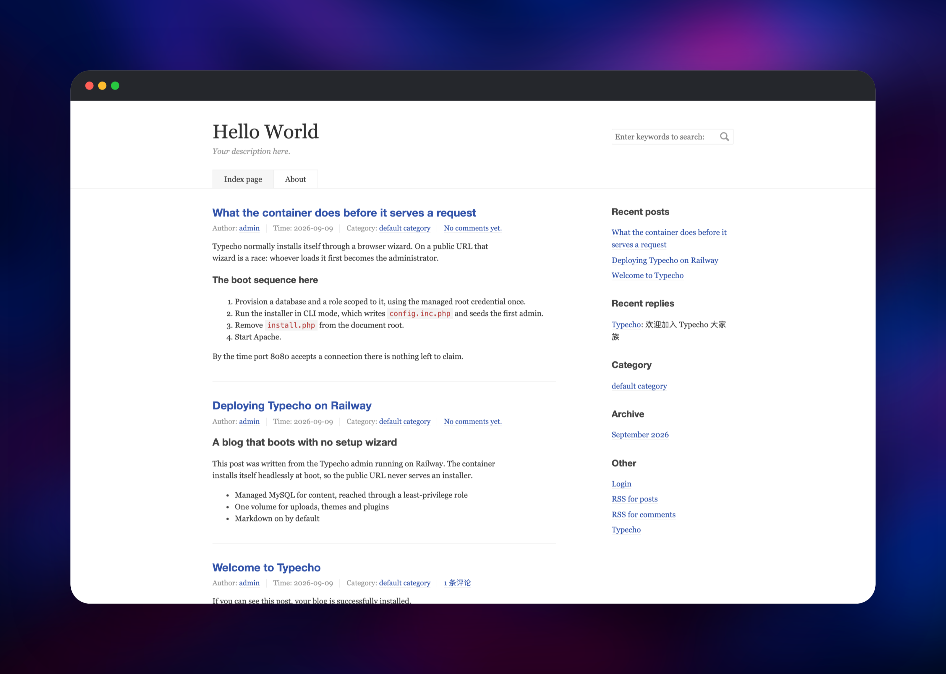 Typecho blog home listing three published Markdown posts