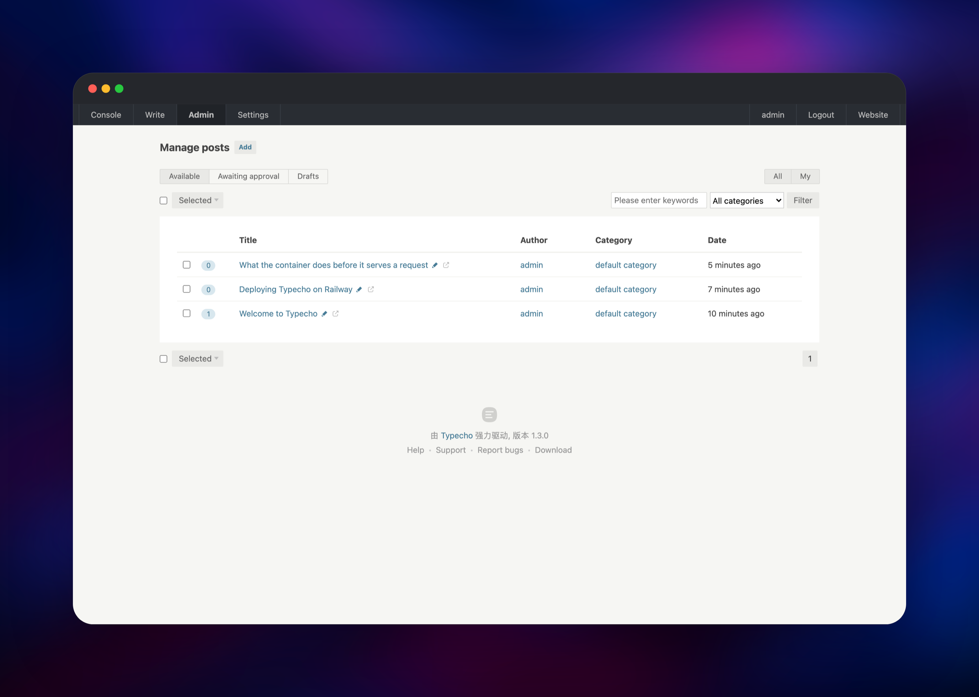 Typecho post manager listing the published articles