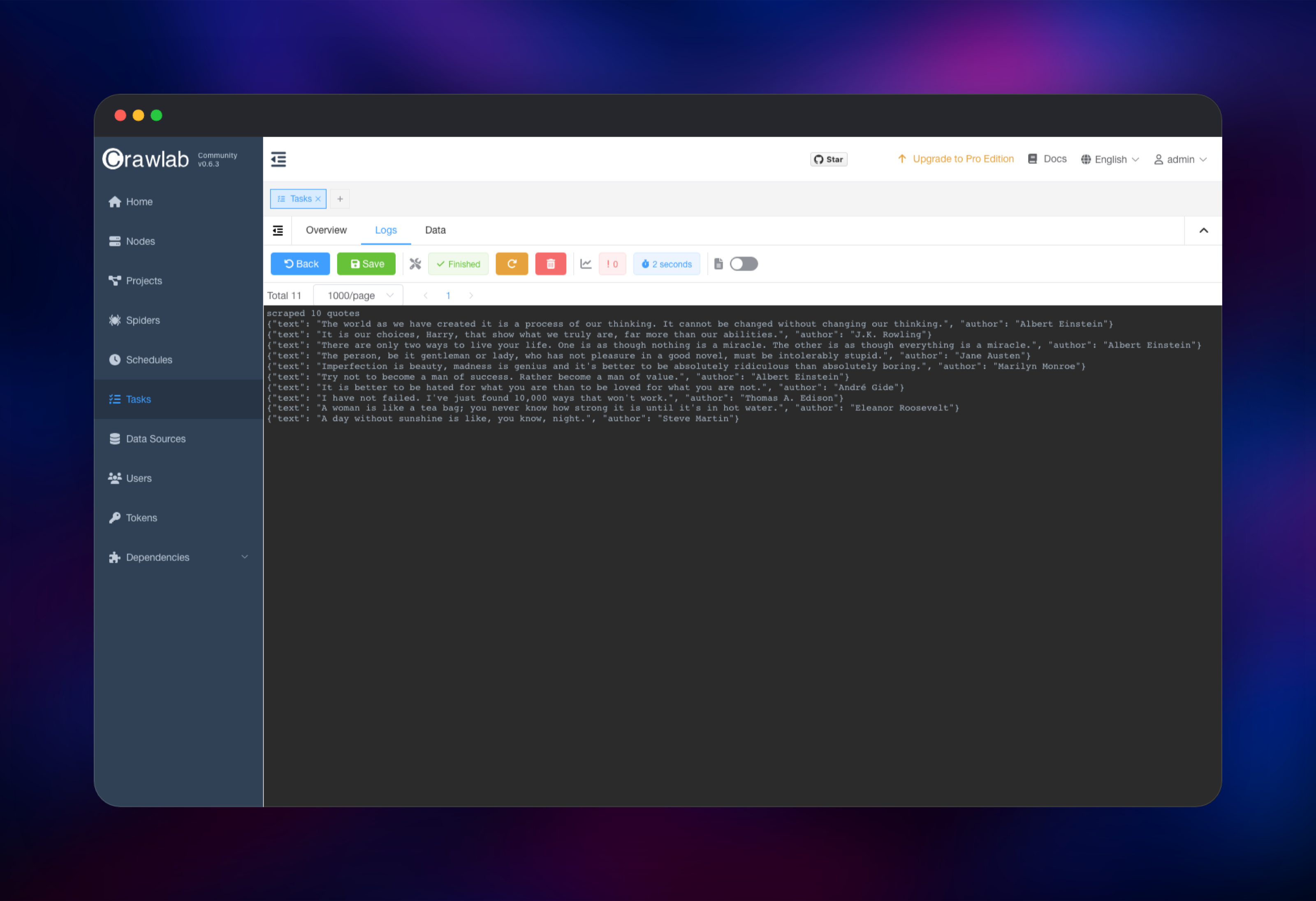 Task log holding the quotes the demo spider scraped