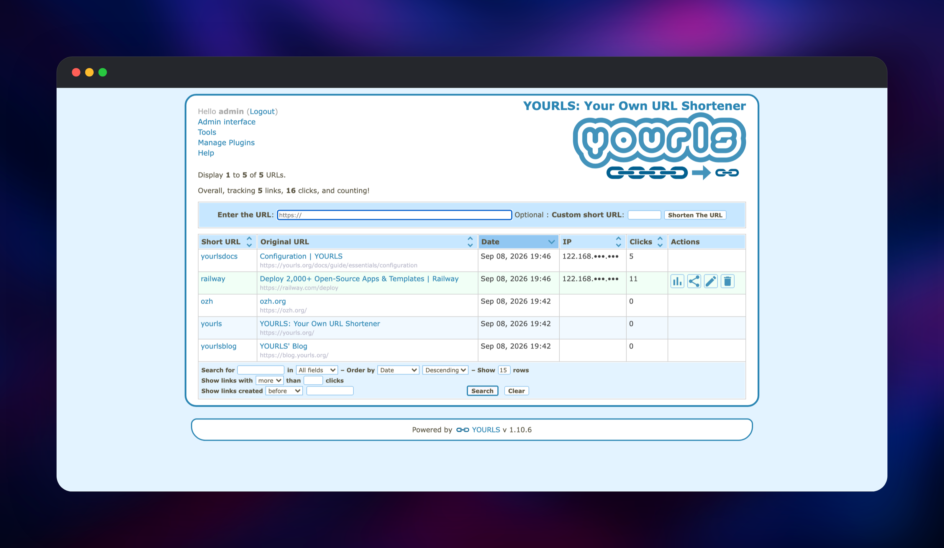YOURLS admin listing five short links and their click counts