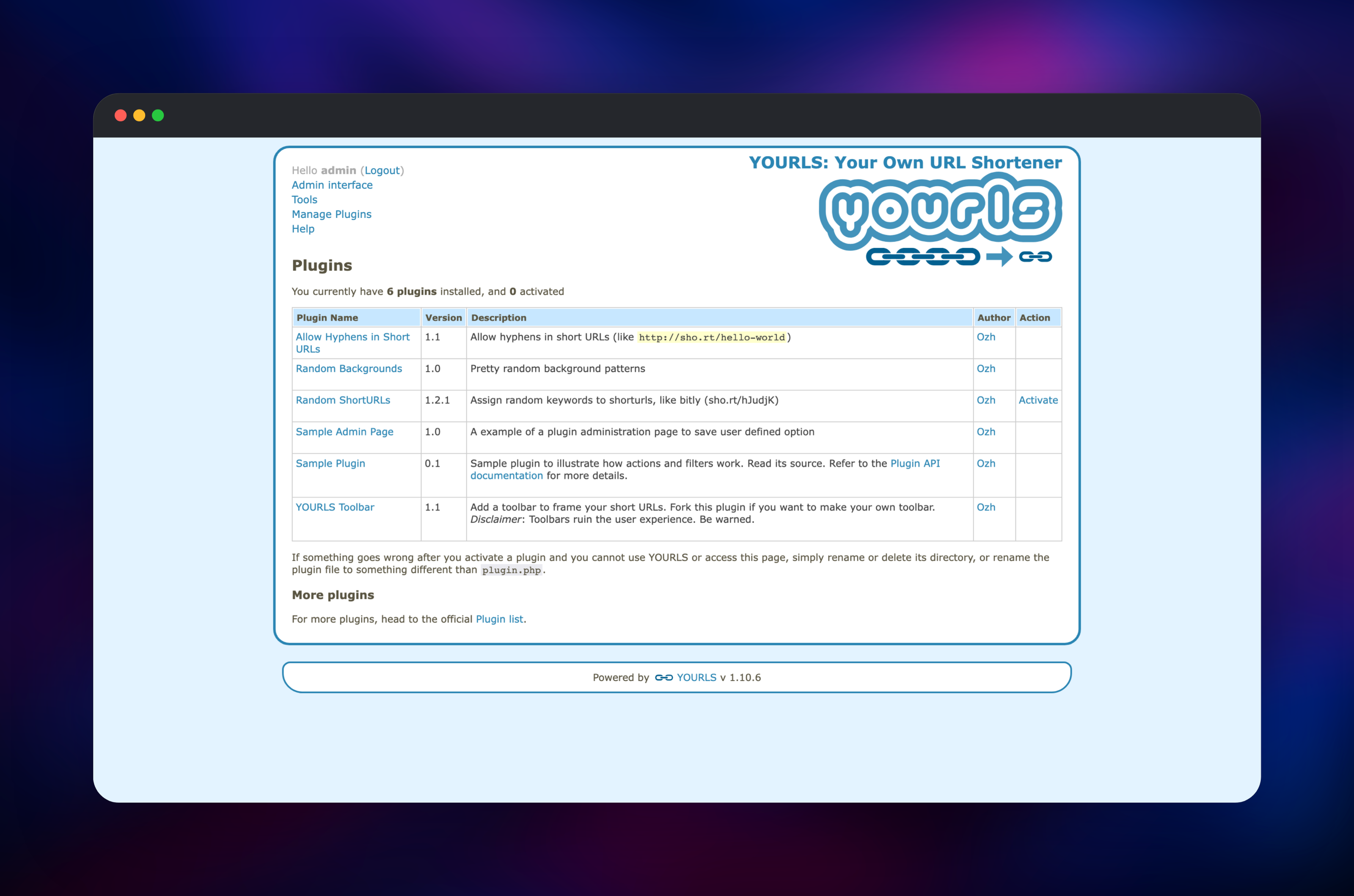 YOURLS plugin manager listing the six bundled plugins