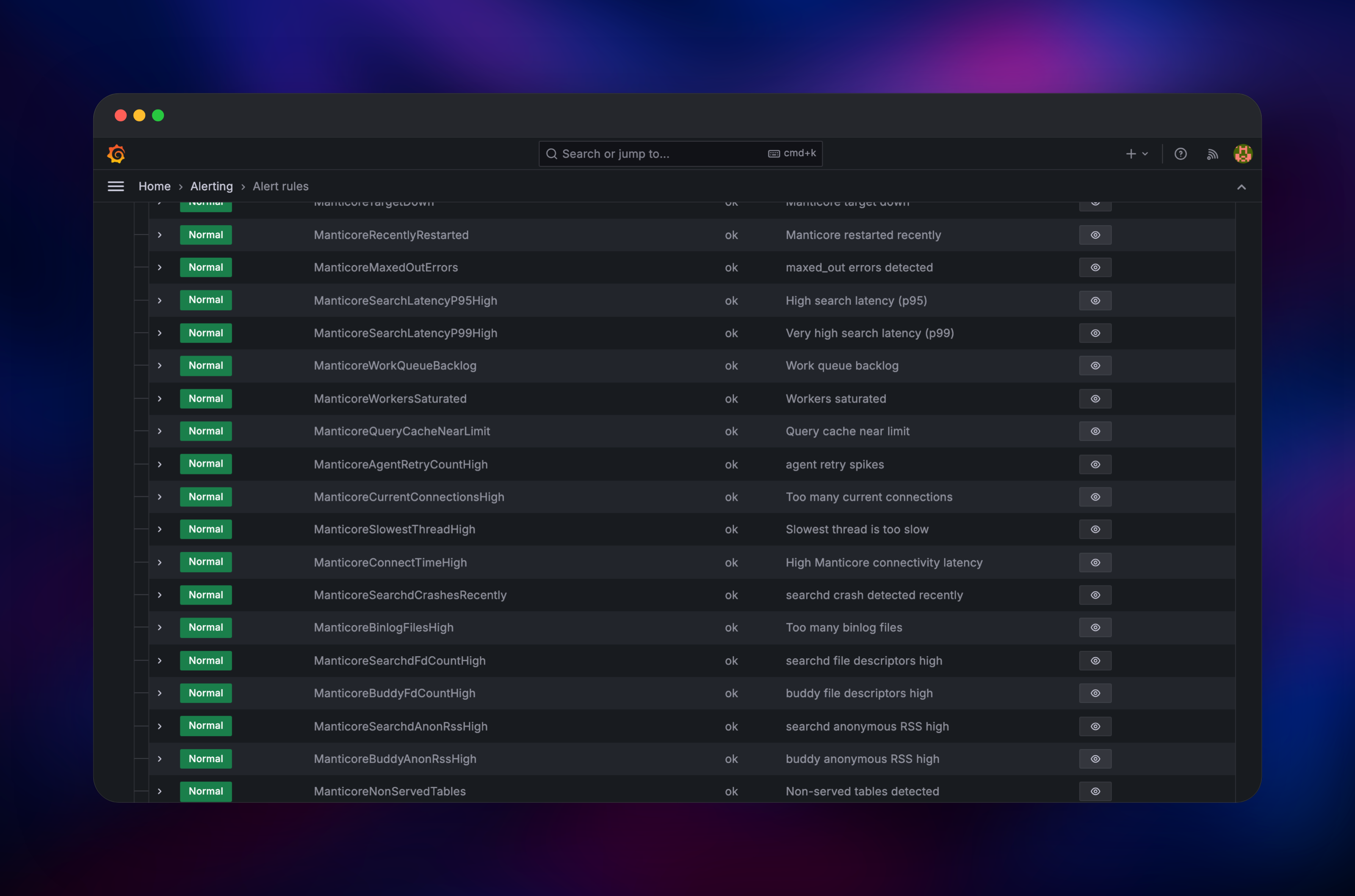 Manticore alert rules listed in Grafana alerting