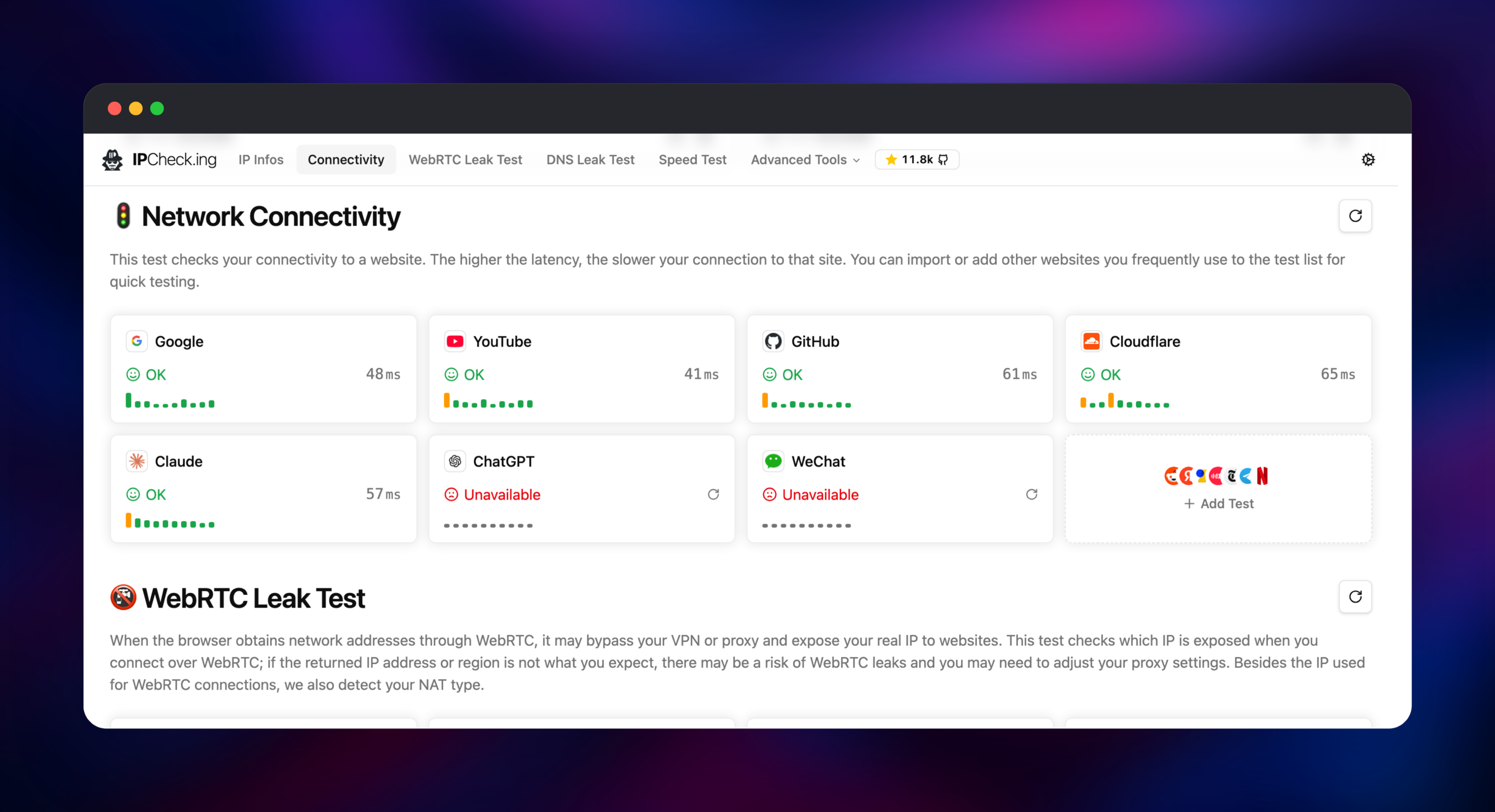 MyIP connectivity panel with live latency to eight sites