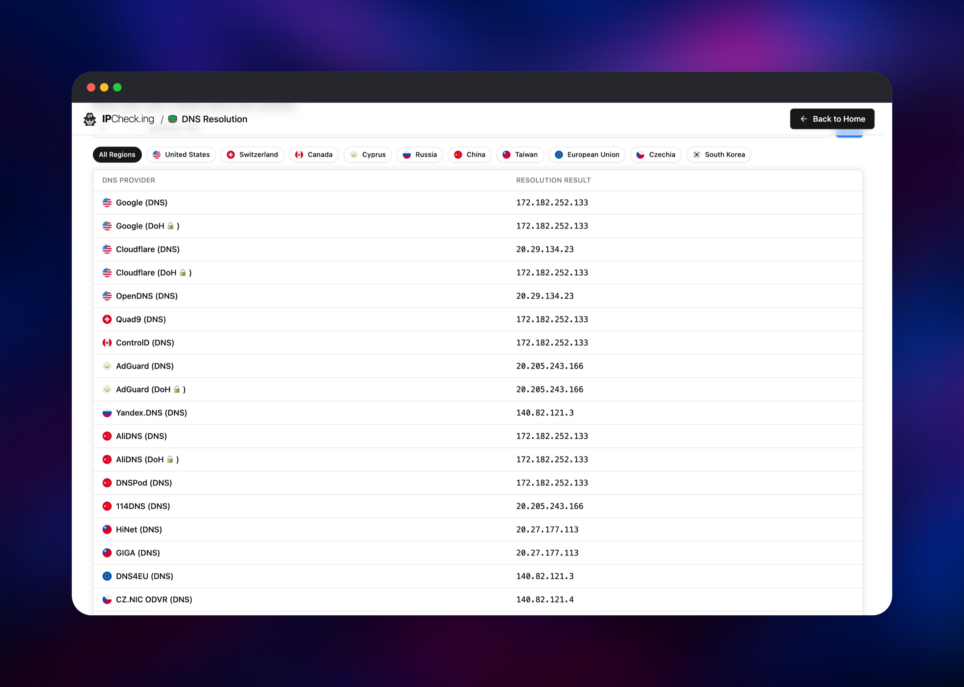 MyIP comparing github.com across twenty public DNS resolvers