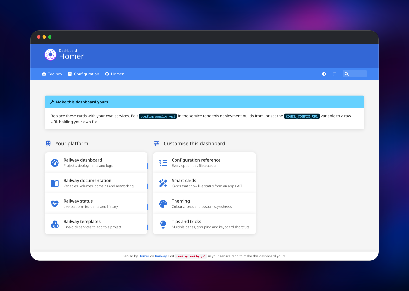 Homer dashboard showing two groups of service cards