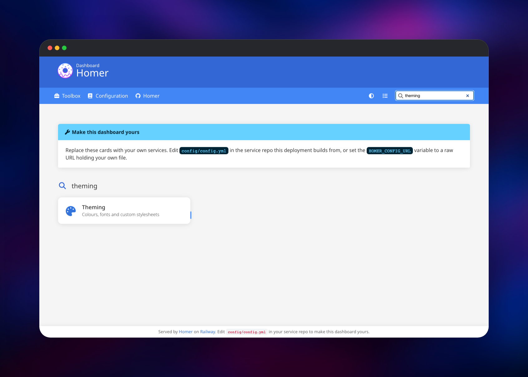 Fuzzy search narrowing the Homer dashboard to one card