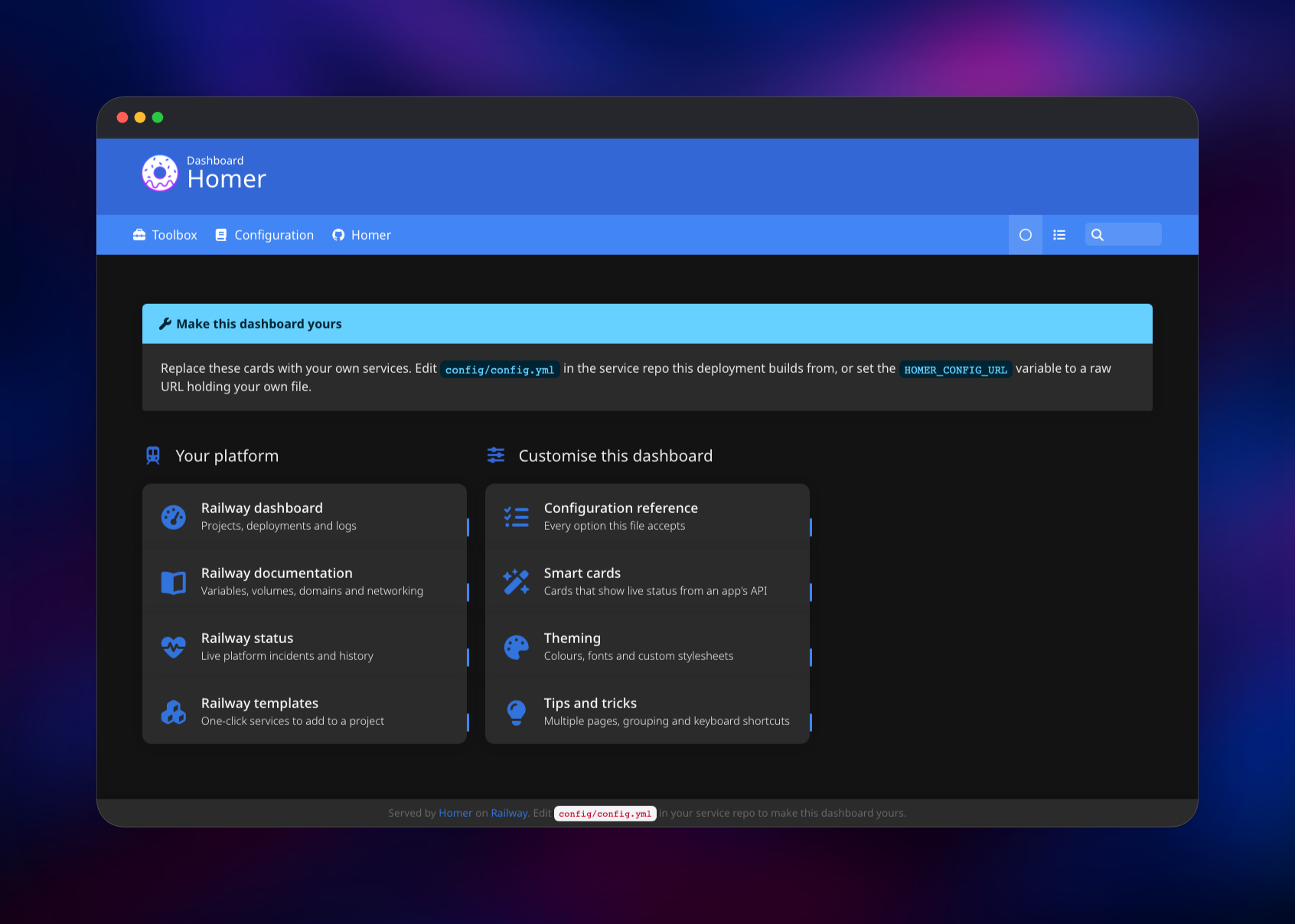The same Homer dashboard rendered in dark theme