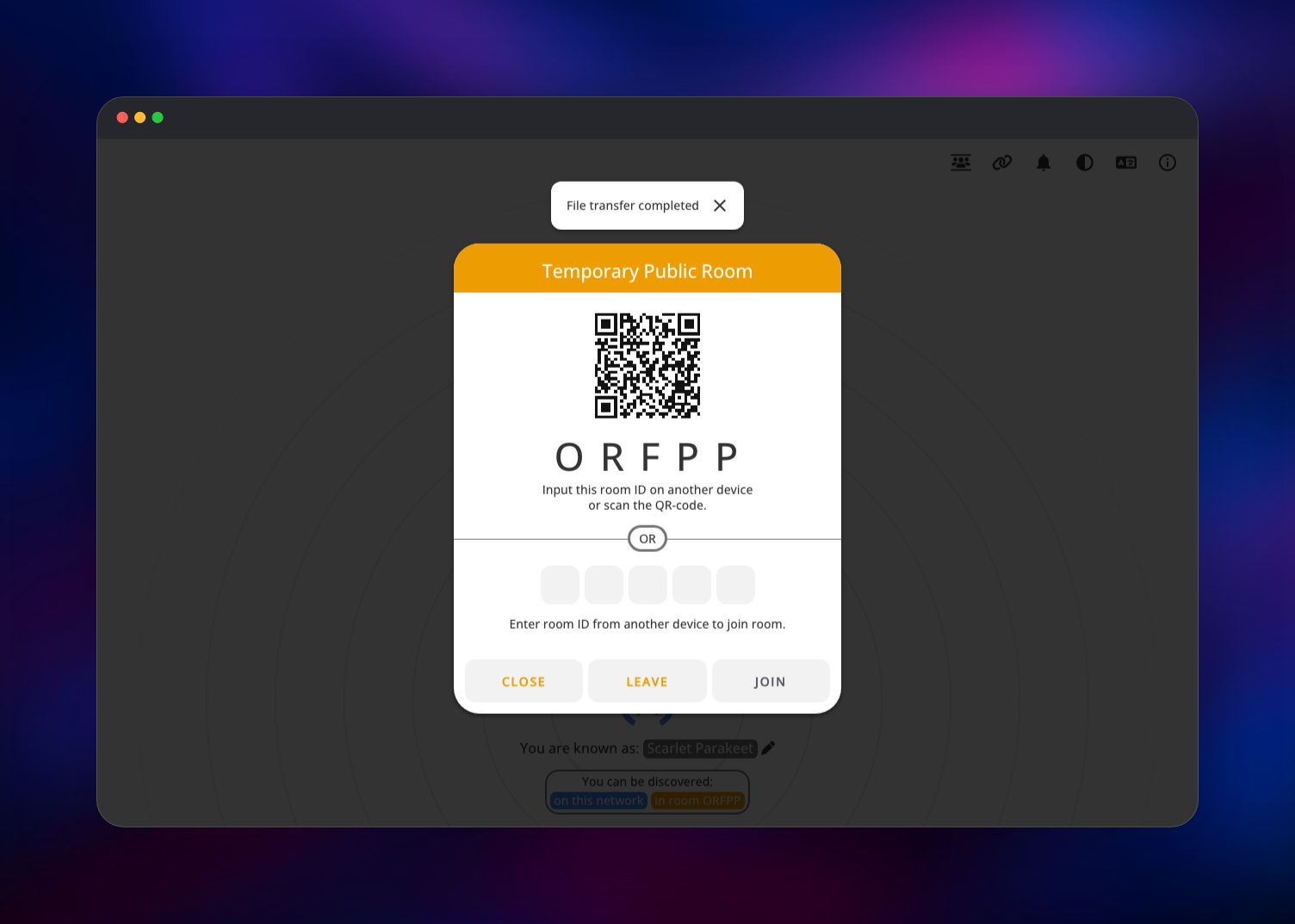 PairDrop temporary public room with its code and QR code