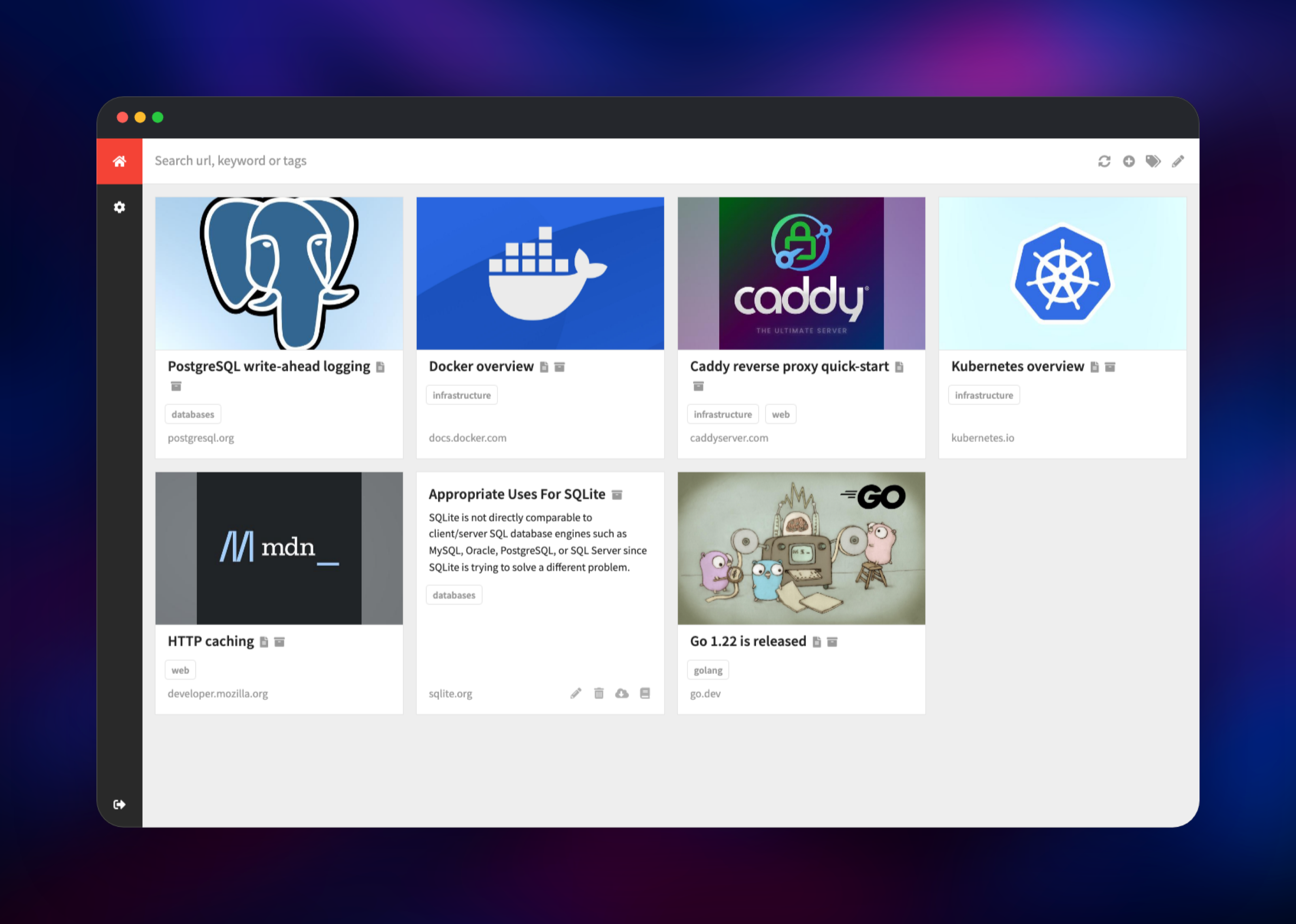 Shiori bookmark library showing seven saved pages with thumbnails