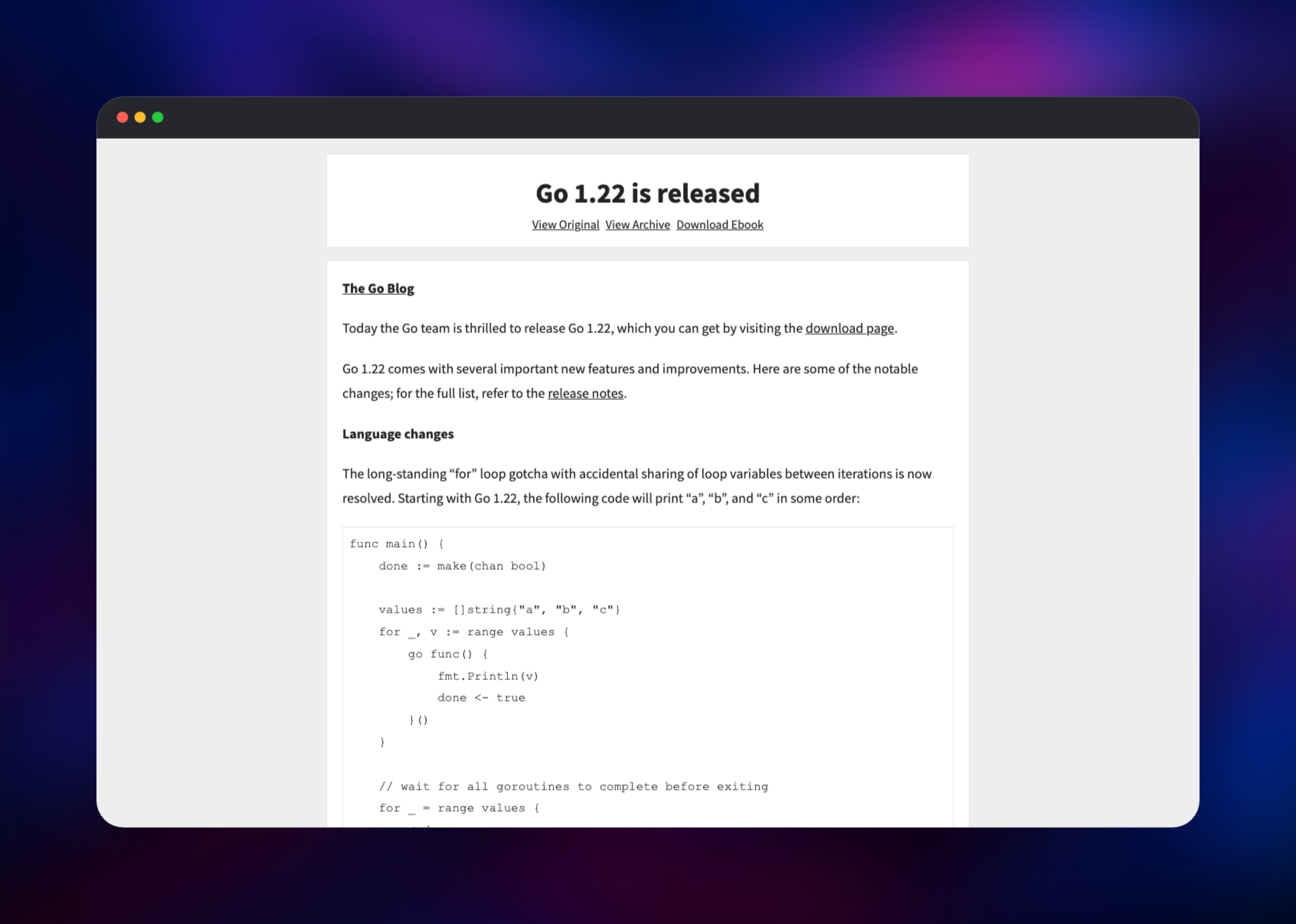Shiori reader view of an archived Go release announcement