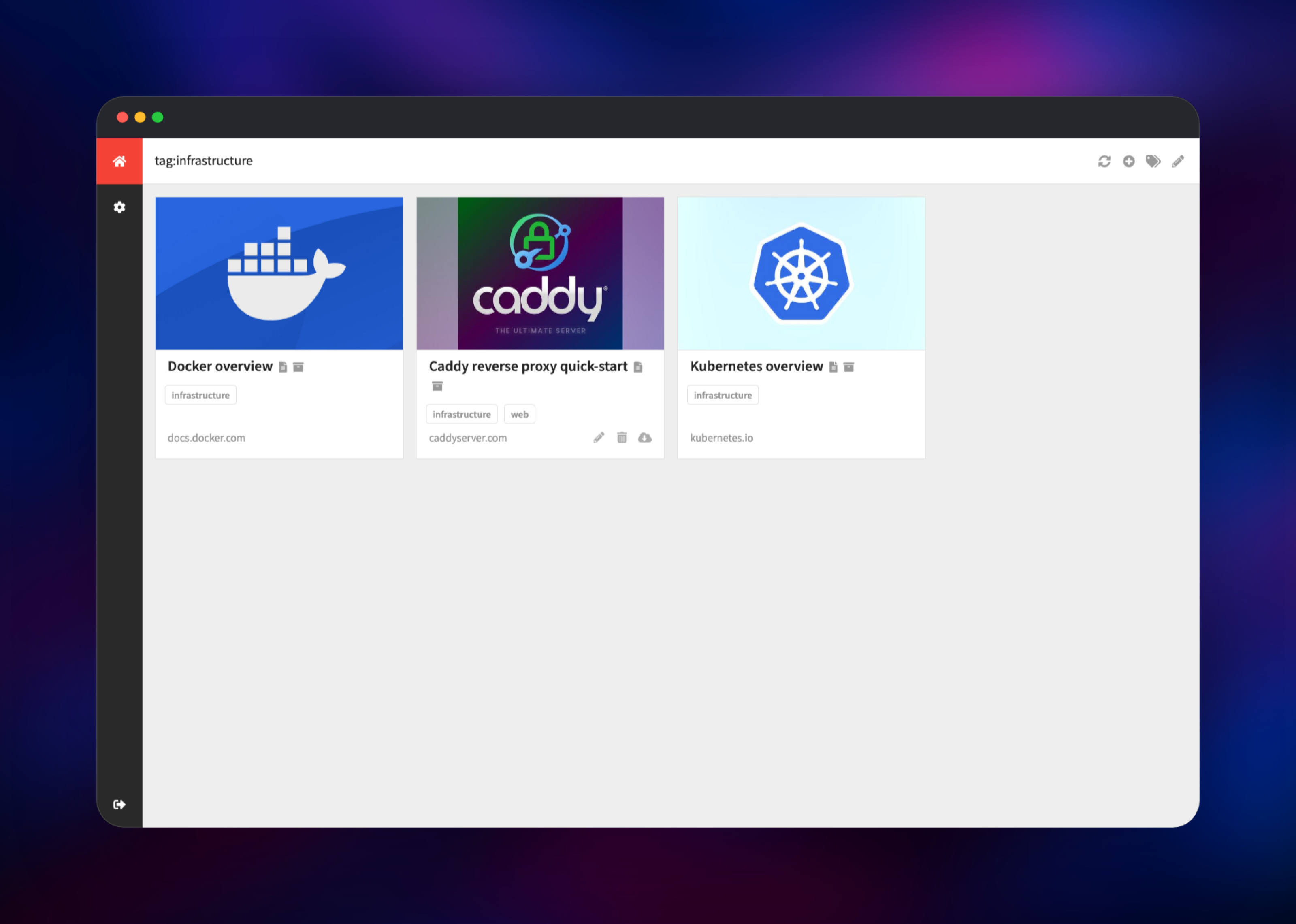 Bookmarks filtered to the infrastructure tag in Shiori