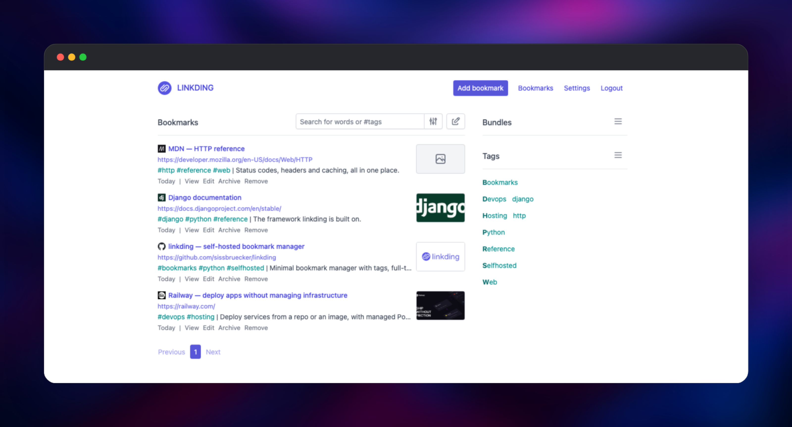 Linkding bookmark list with tags, favicons and preview images