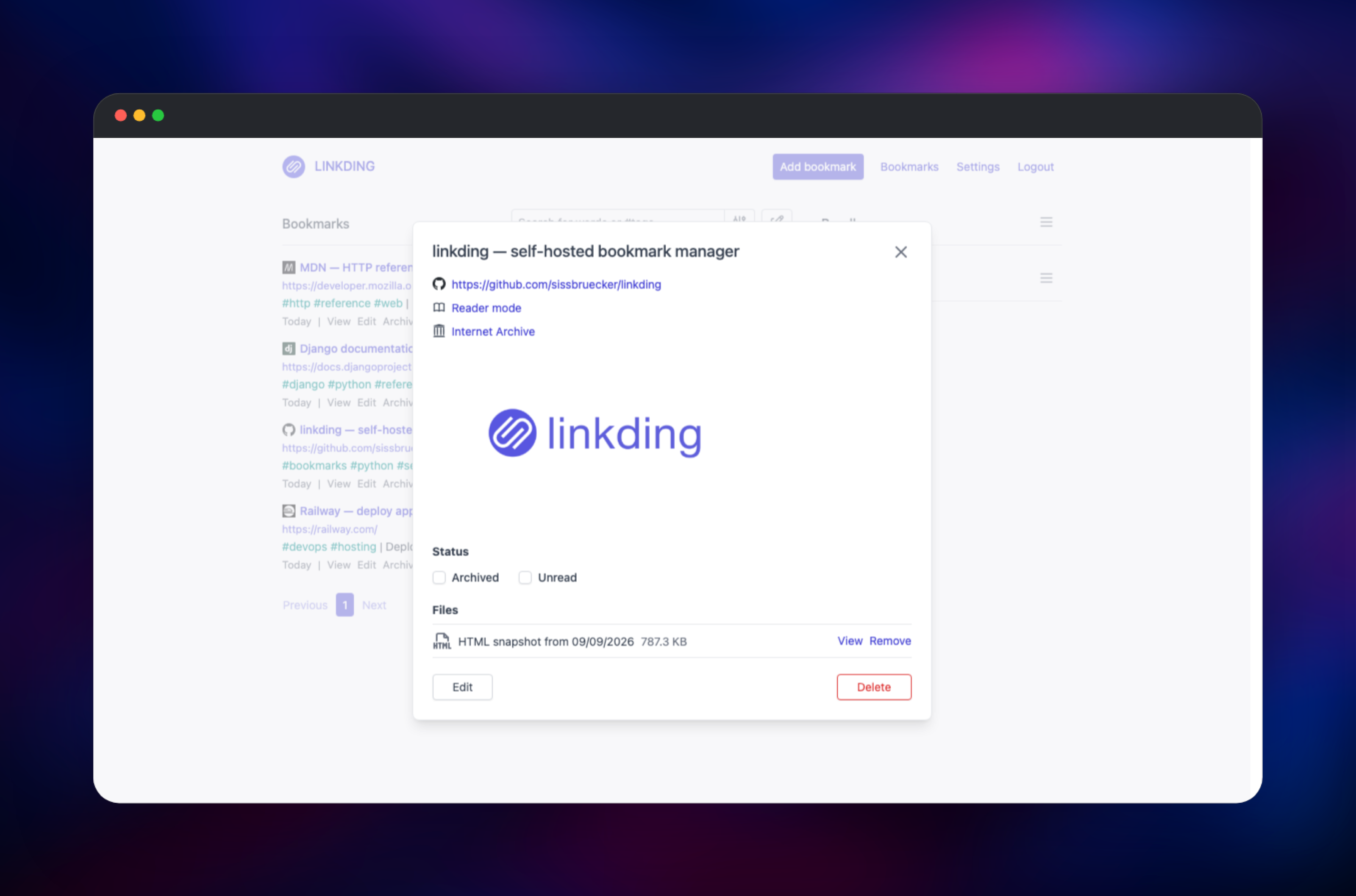 Linkding bookmark details listing its stored HTML snapshot
