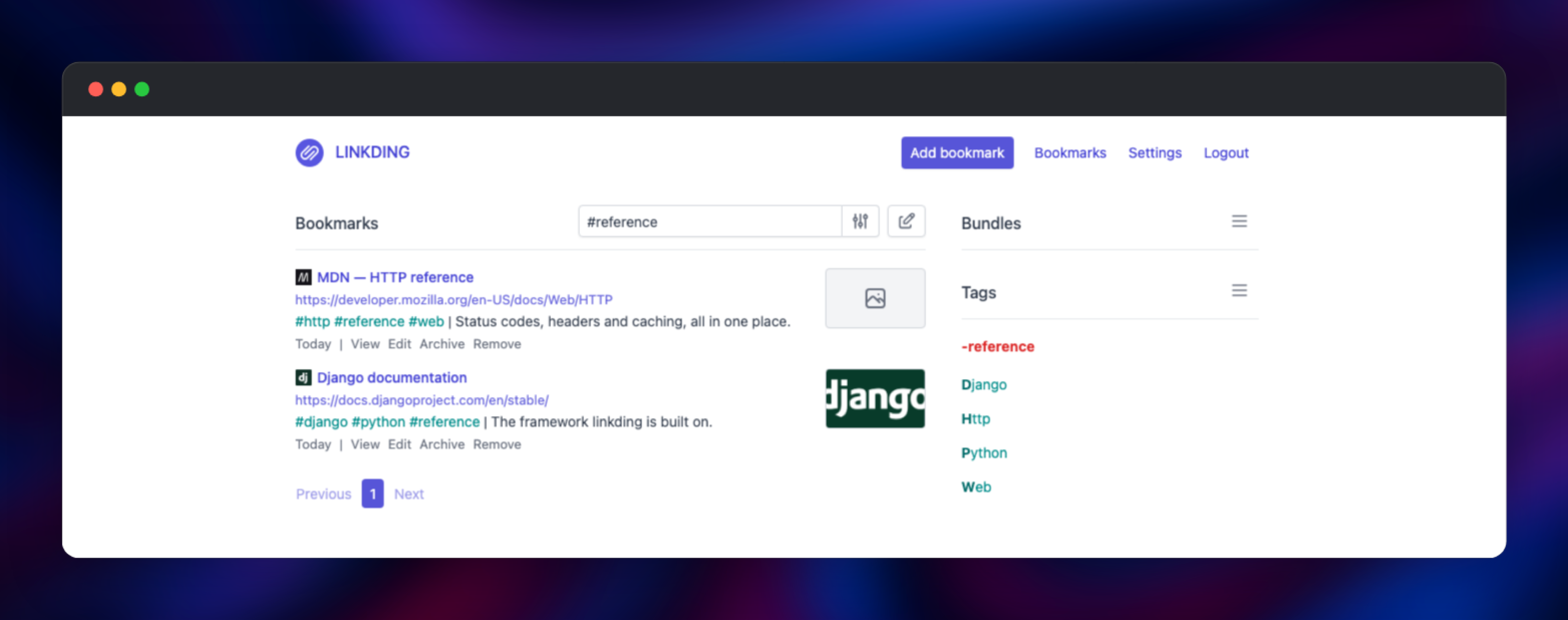 Linkding bookmarks filtered by the reference tag