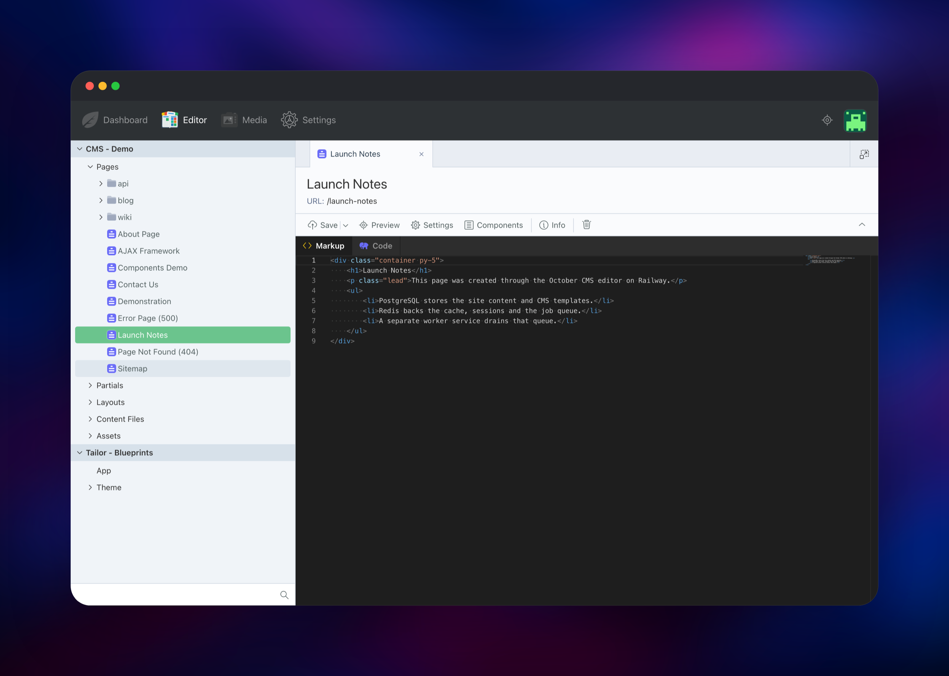Editing a page's Twig markup in the October CMS editor