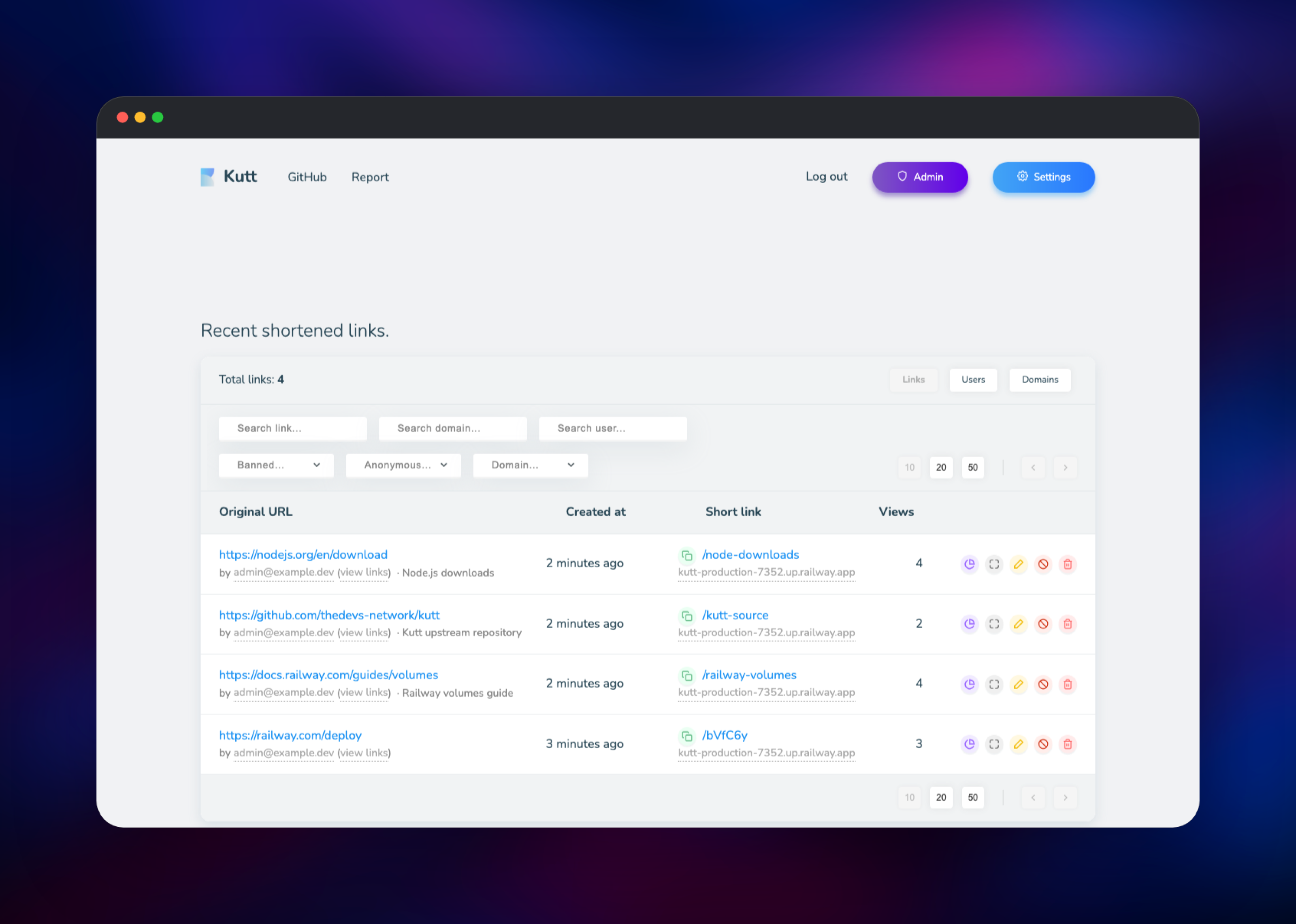Kutt admin panel listing every link and its owner