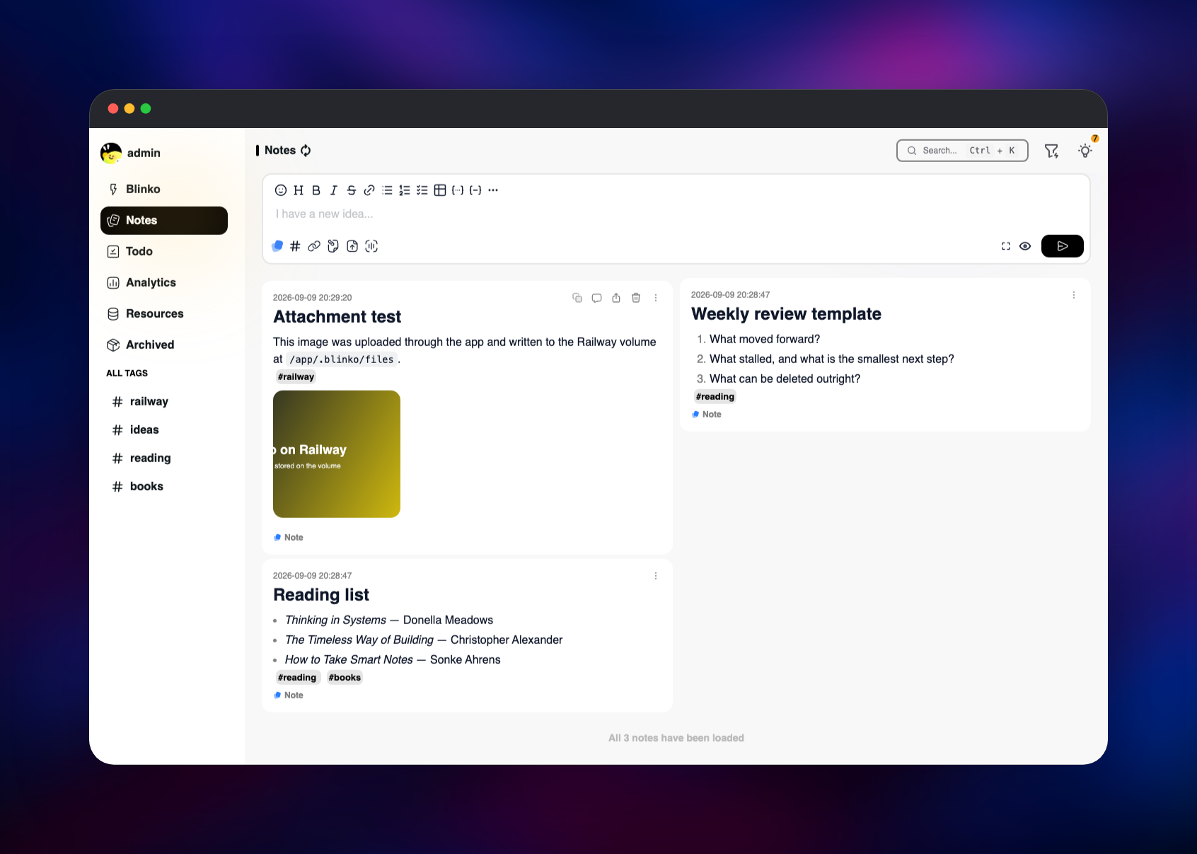 Blinko notes view with markdown notes and an image attachment